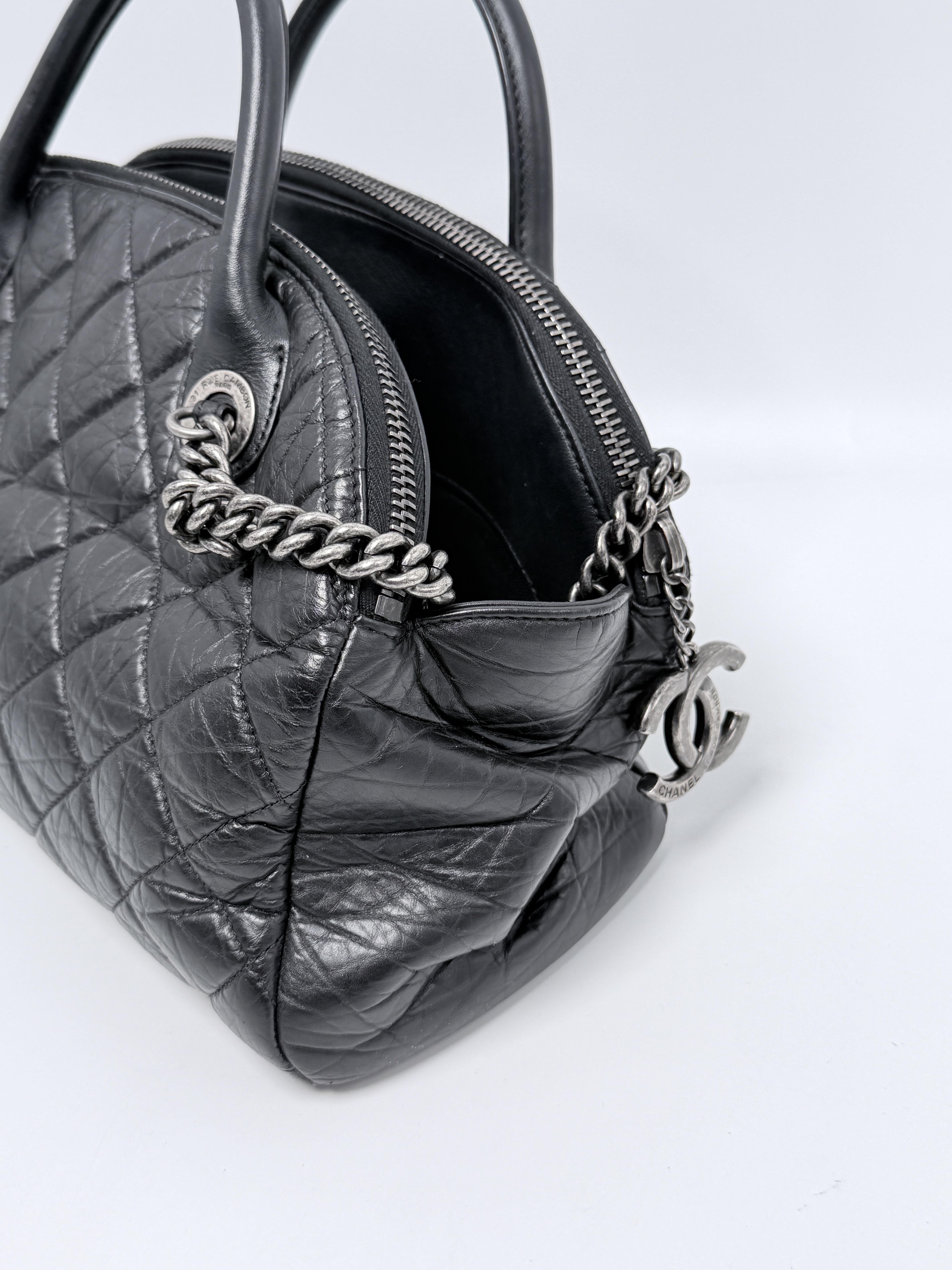 Aged Calfskin Quilted Bowly Bowling Bag Black Ruthenium P048CC