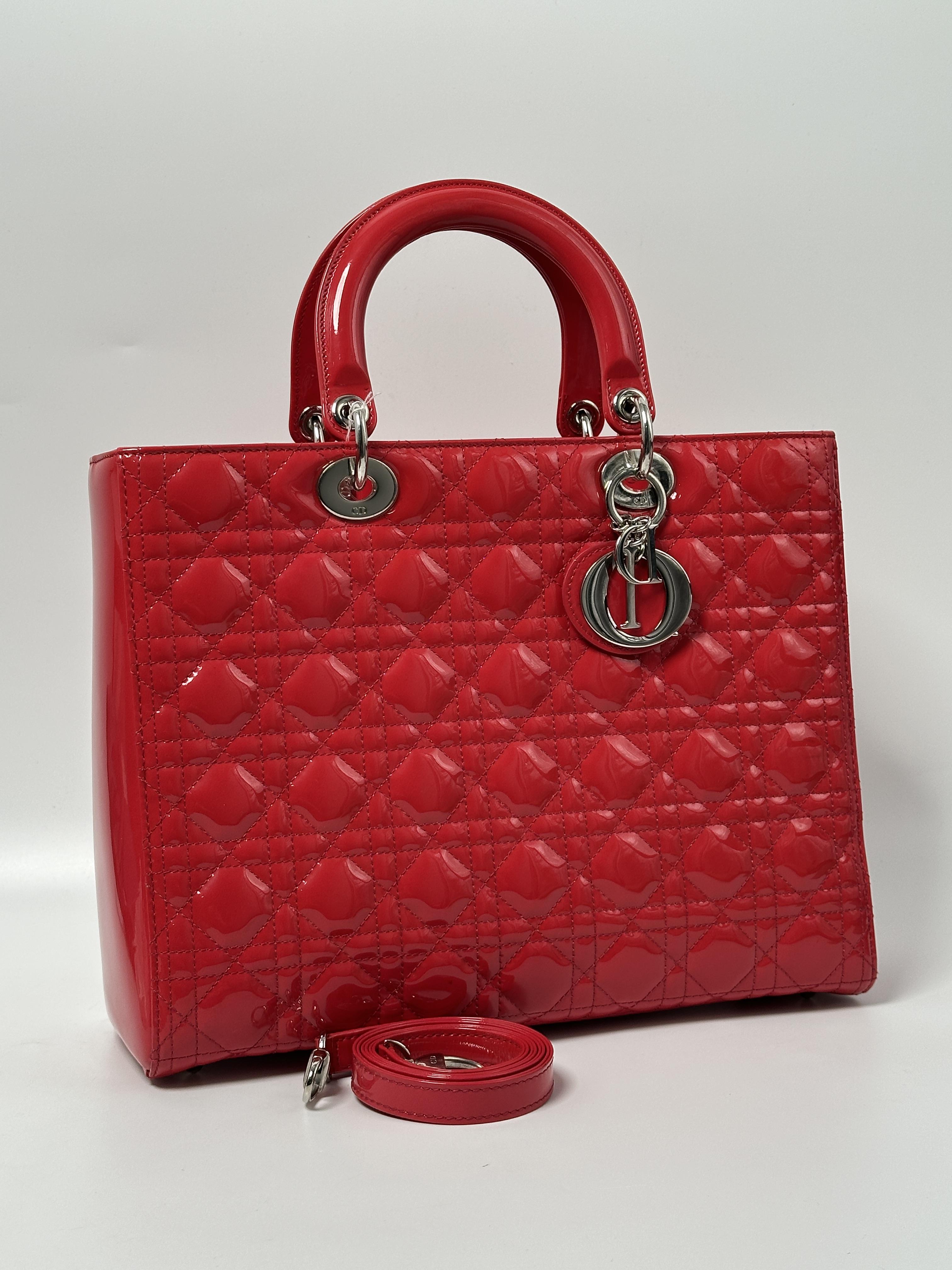 Pre-owned Dior LEATHER Shoulder Bags Large Lady Red Patent Cannage Shoulder Bag Top Handle Handbag JX21DO