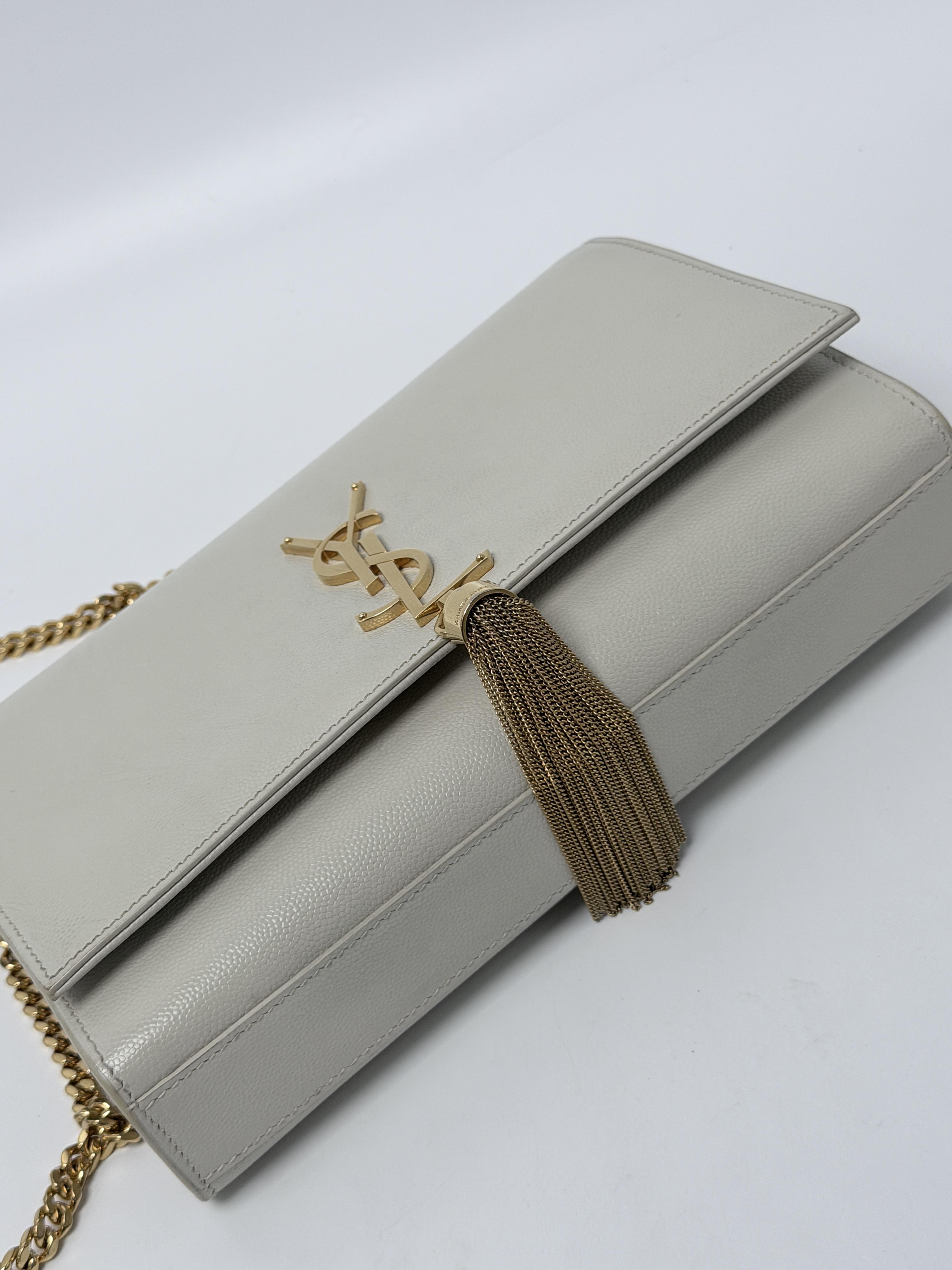 Saint Laurent Kate Tassel Medium Grain de Poudre Chain Shoulder Bag Grey JD1512Y