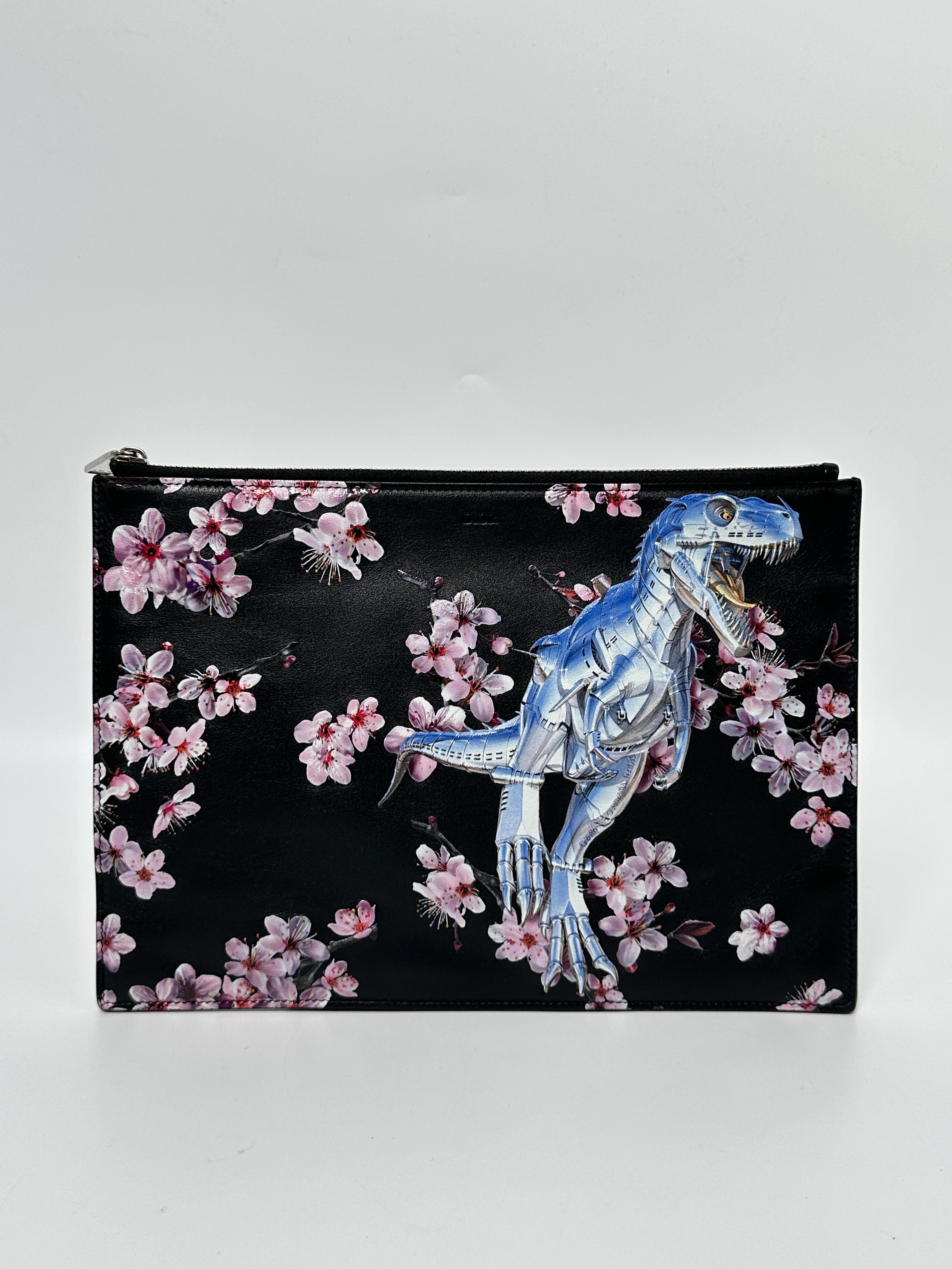 Pre-owned Dior leather Clutches & Wristlets Christian x Hajime Sorayama Cherry Blossom Dinosaur Pouch JD805DR