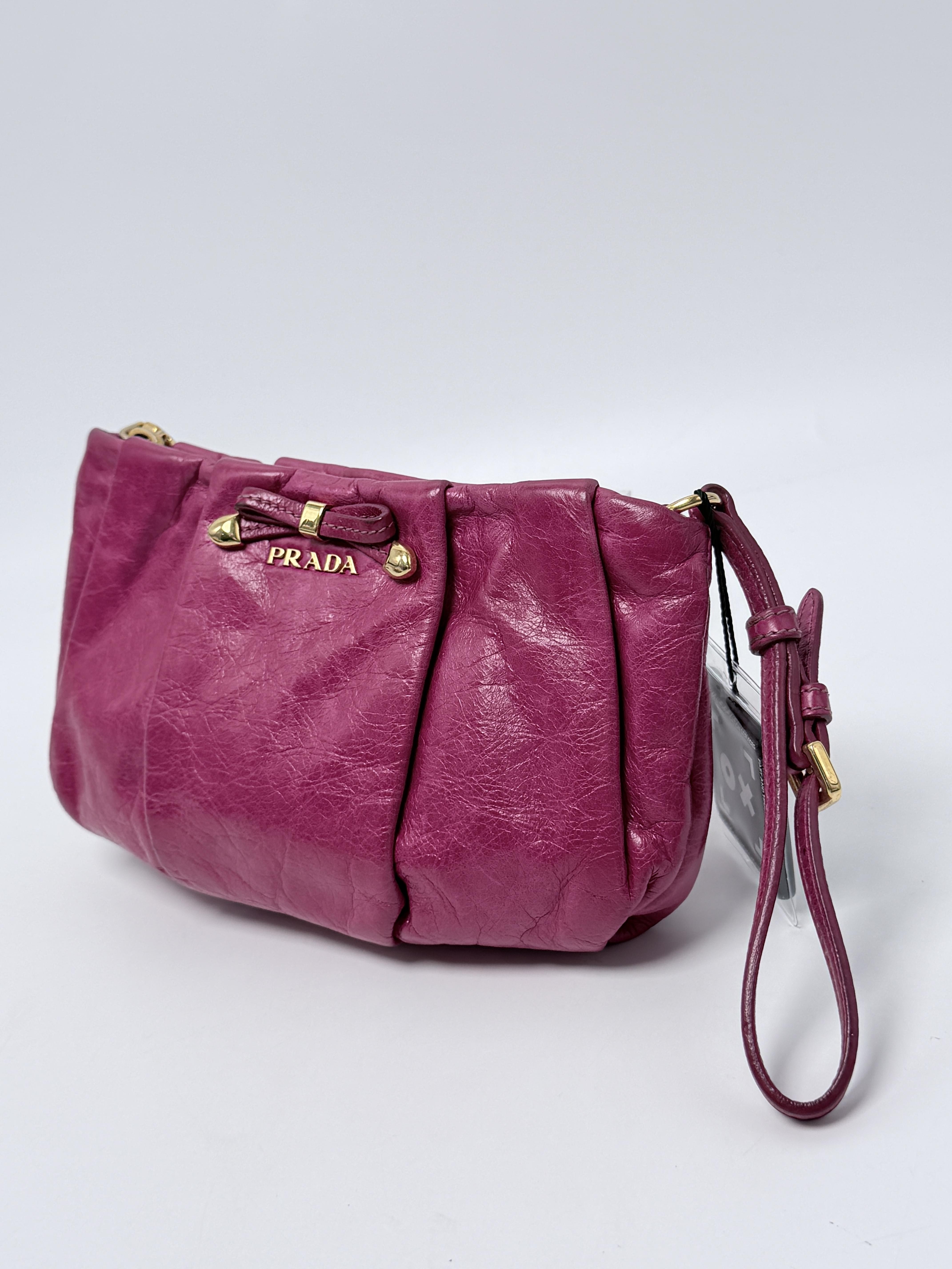 Peonia Fuchsia Pink Vitello Shine Pleated Bow Wristlet Clutch Bag JD1658PR
