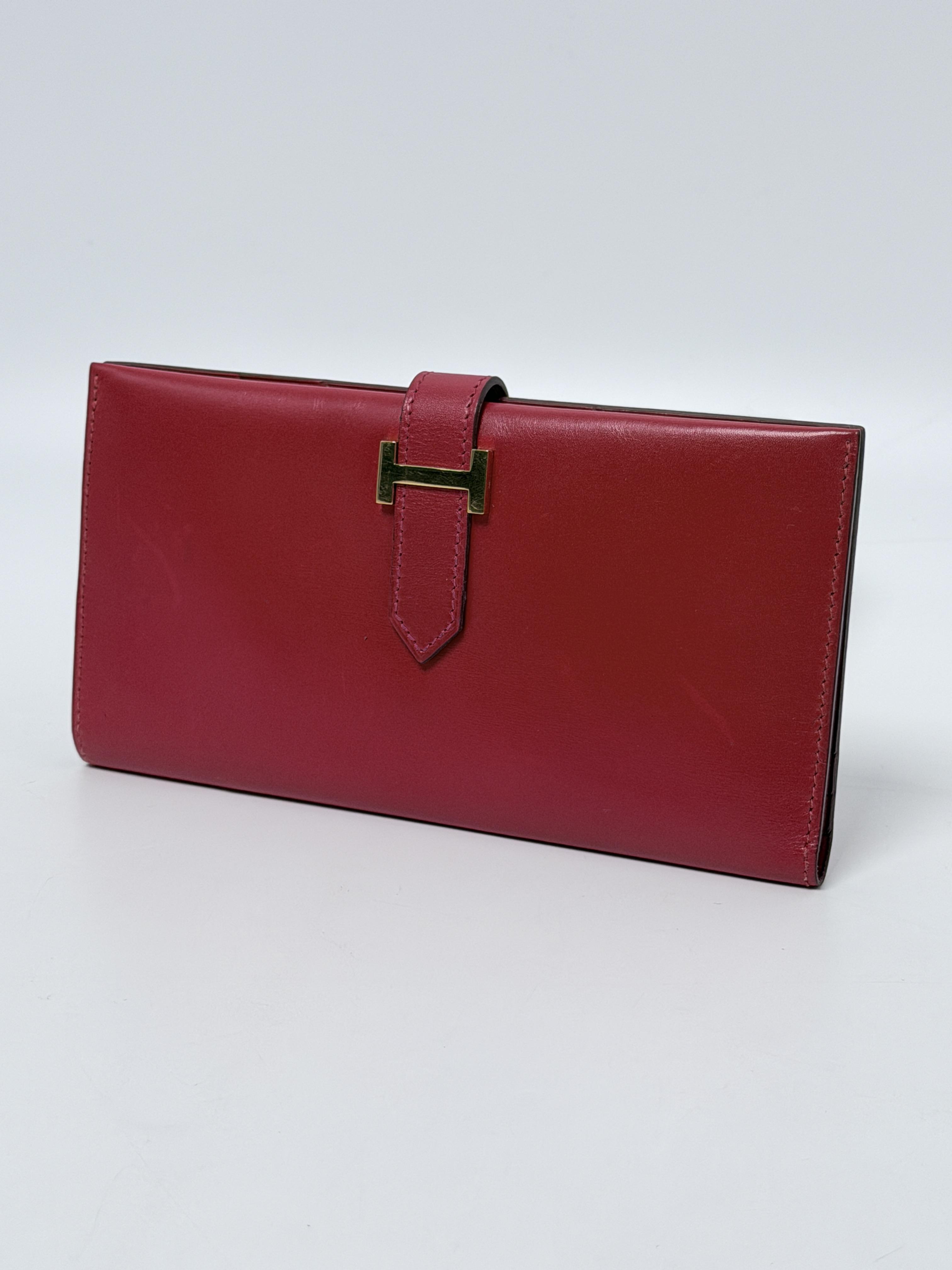 Hermes Bearn Soufflet Wallet Epsom Red Flap Purse Gold Hardware JE2895HM