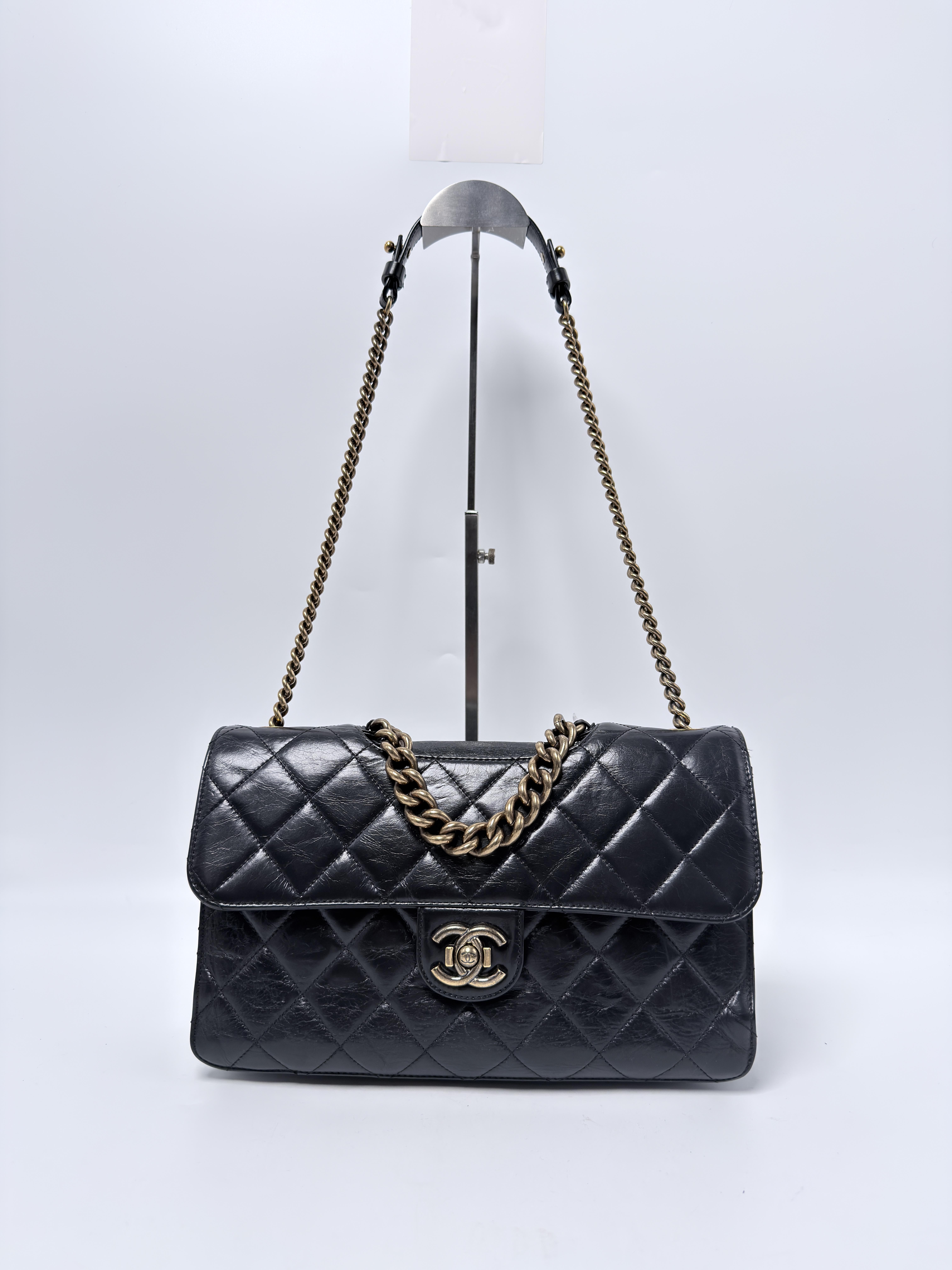 Perfect Edge Glazed Calfskin Medium Flap Bag Gold Chain Black ZS062CC