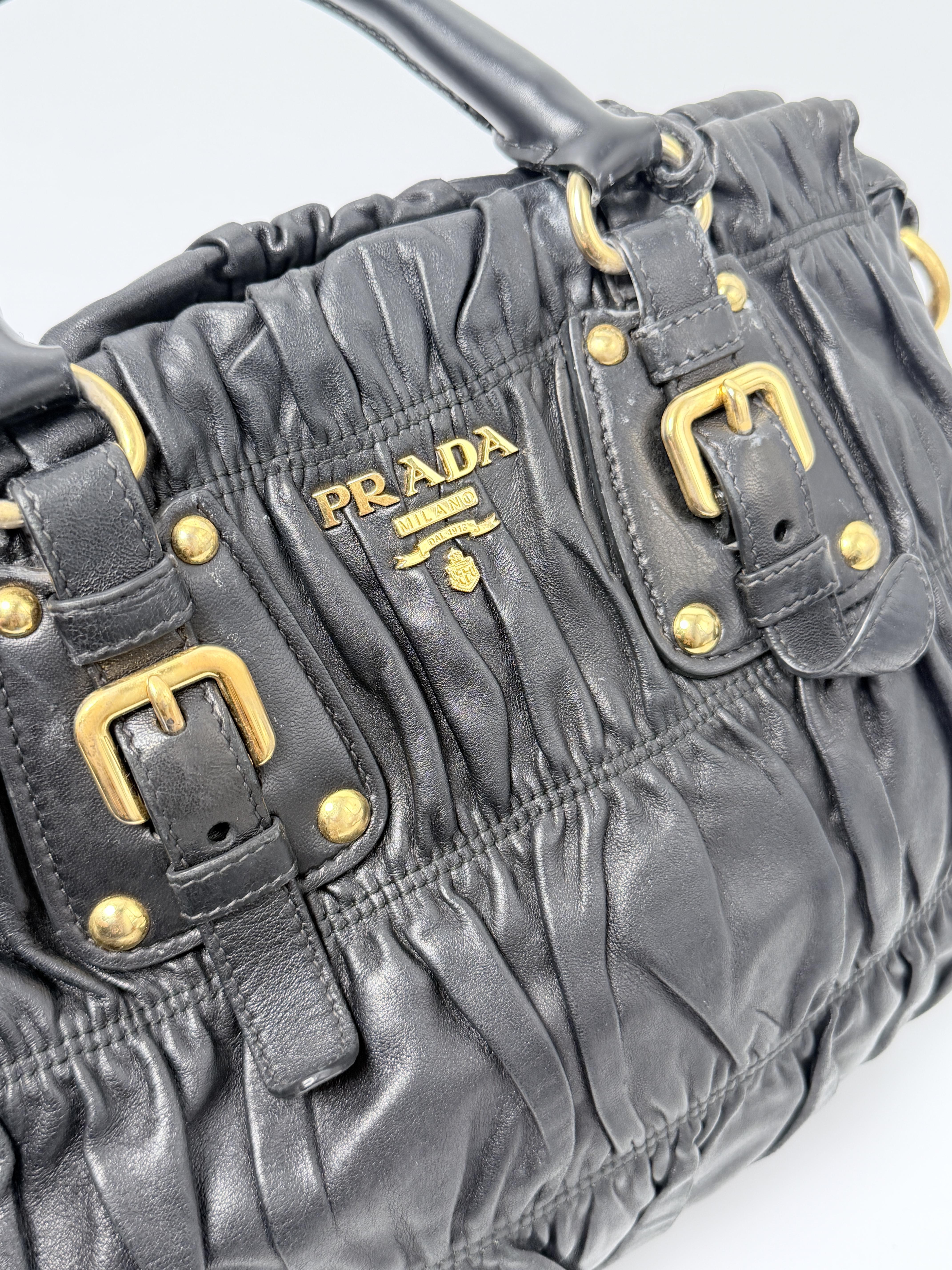 Nero Black Ruched Gaufre Lambskin Top Handle Shoulder Bag Gold HW JA1216PR