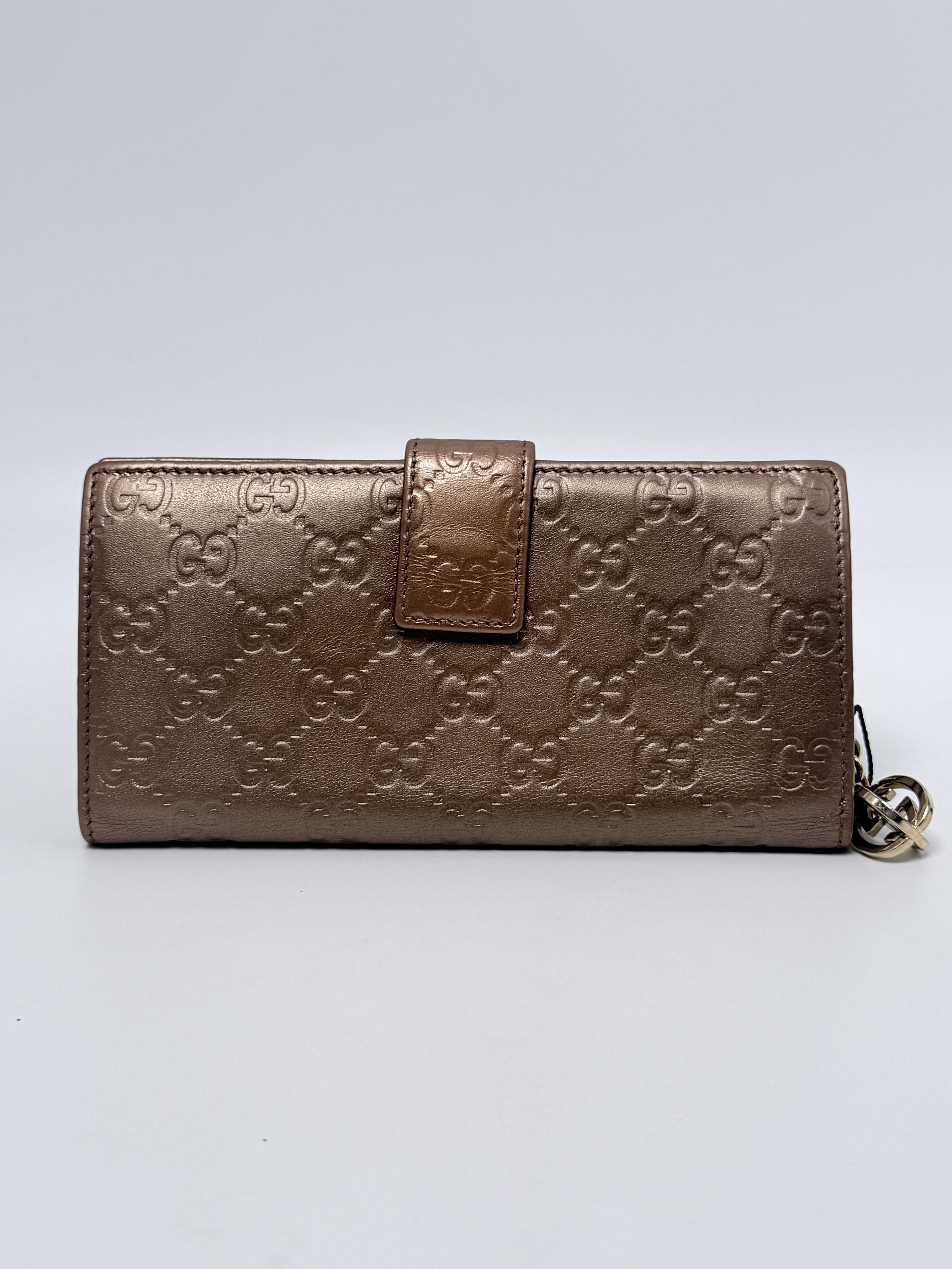 Guccissima Long Wallet Bronze Gold Metallic Continental Bifold Wallet with GG Charm JD1292GG