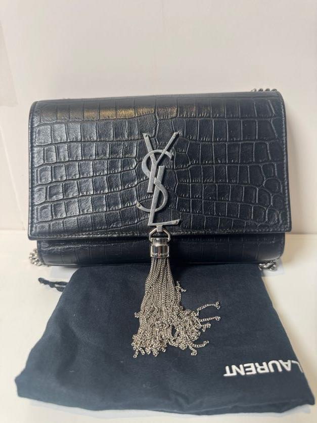 Pre-owned Yves Saint Laurent Leather Shoulder Bags YSL Authentic Saint Laurent Monogram Kate Tassel Bag Black Croc Embossed YSJX70