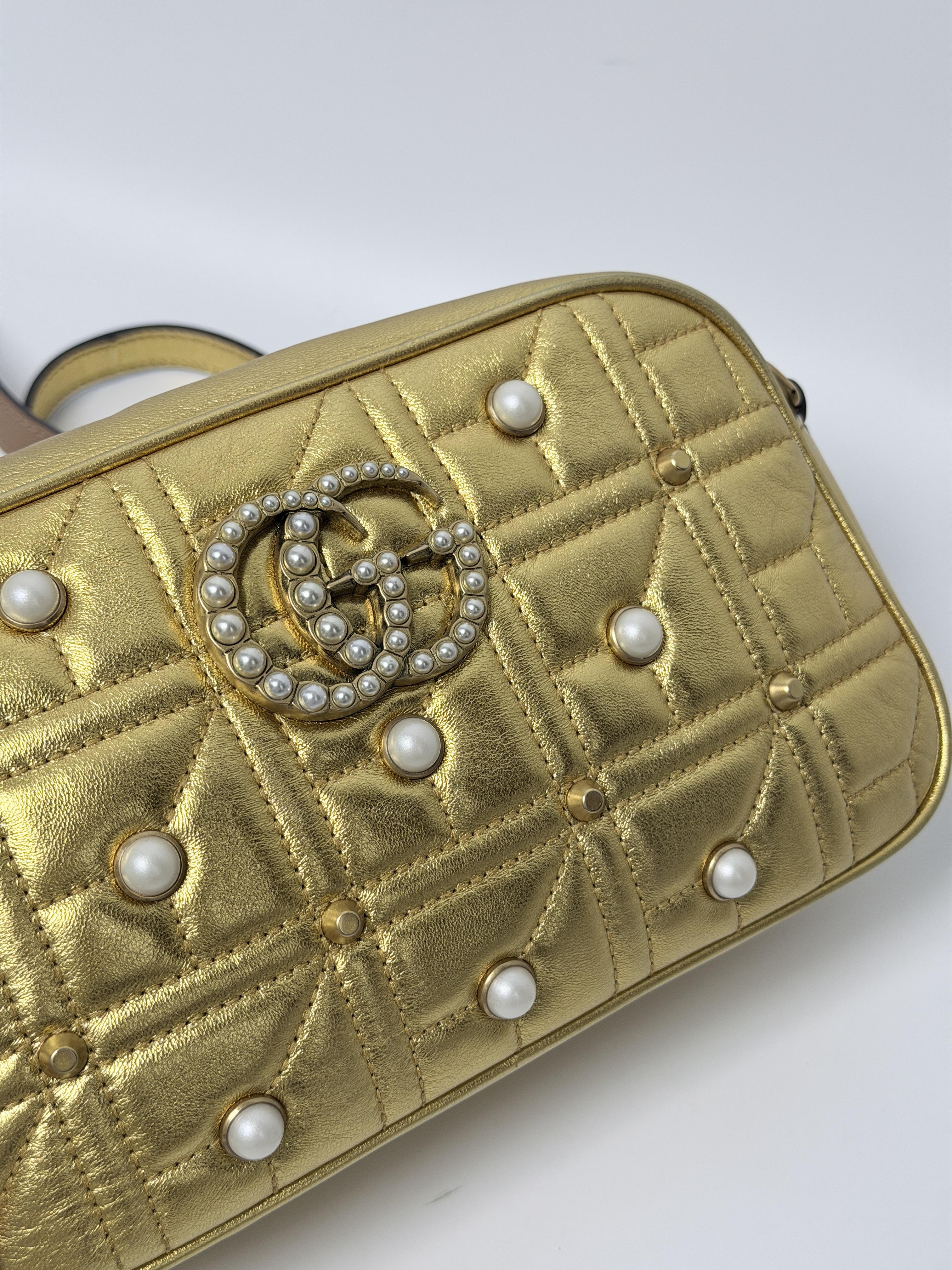 GG Authentic Metallic Gold Matelassé Pearl Studded GG Marmont Camera Bag JD317GG