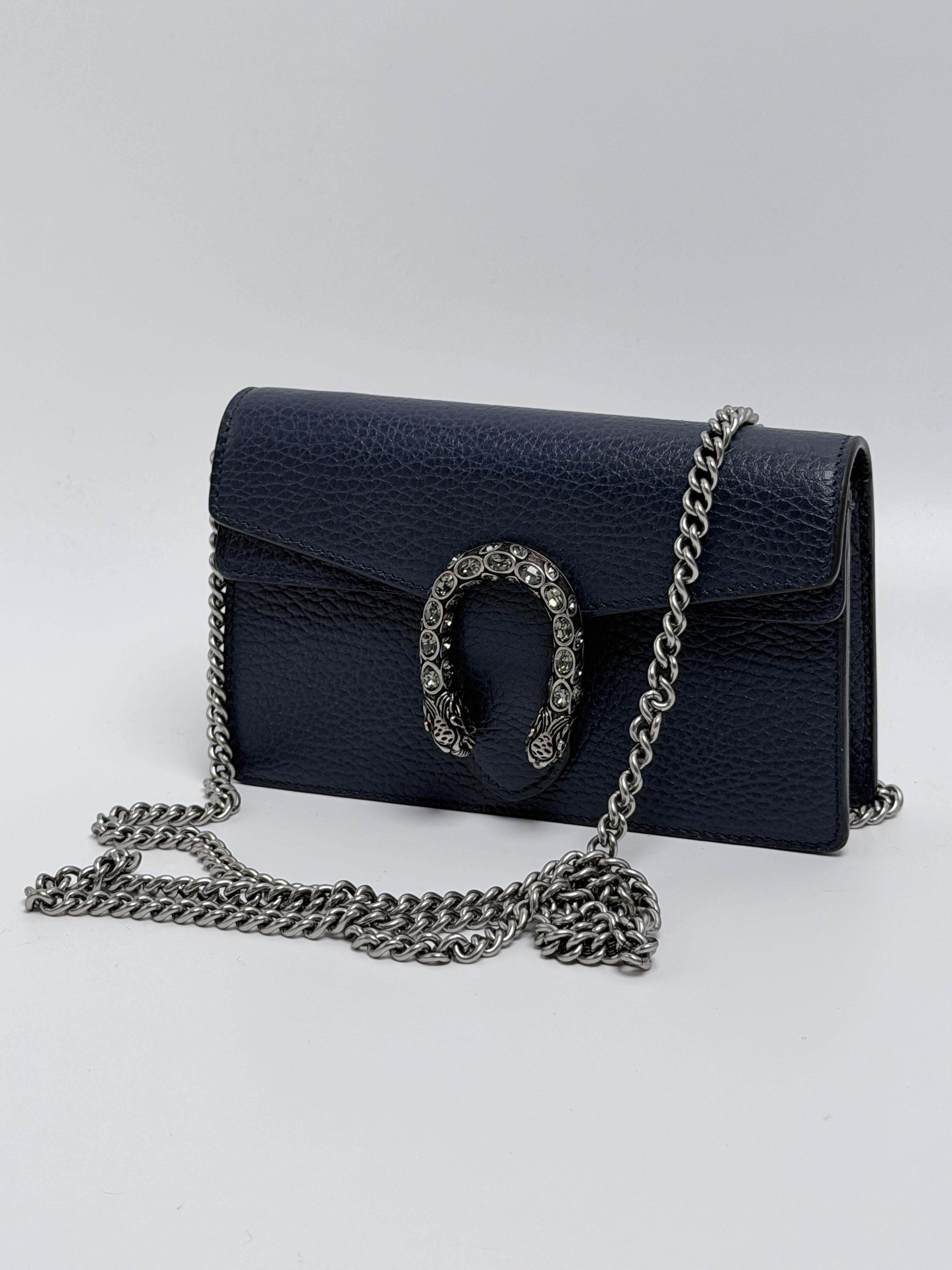 Pre-owned GUCCI Leather Shoulder Bags Dollar Calfskin Crystal Dionysus Wallet on Chain Bag Crossbody Clutch Navy Blue JD509GG