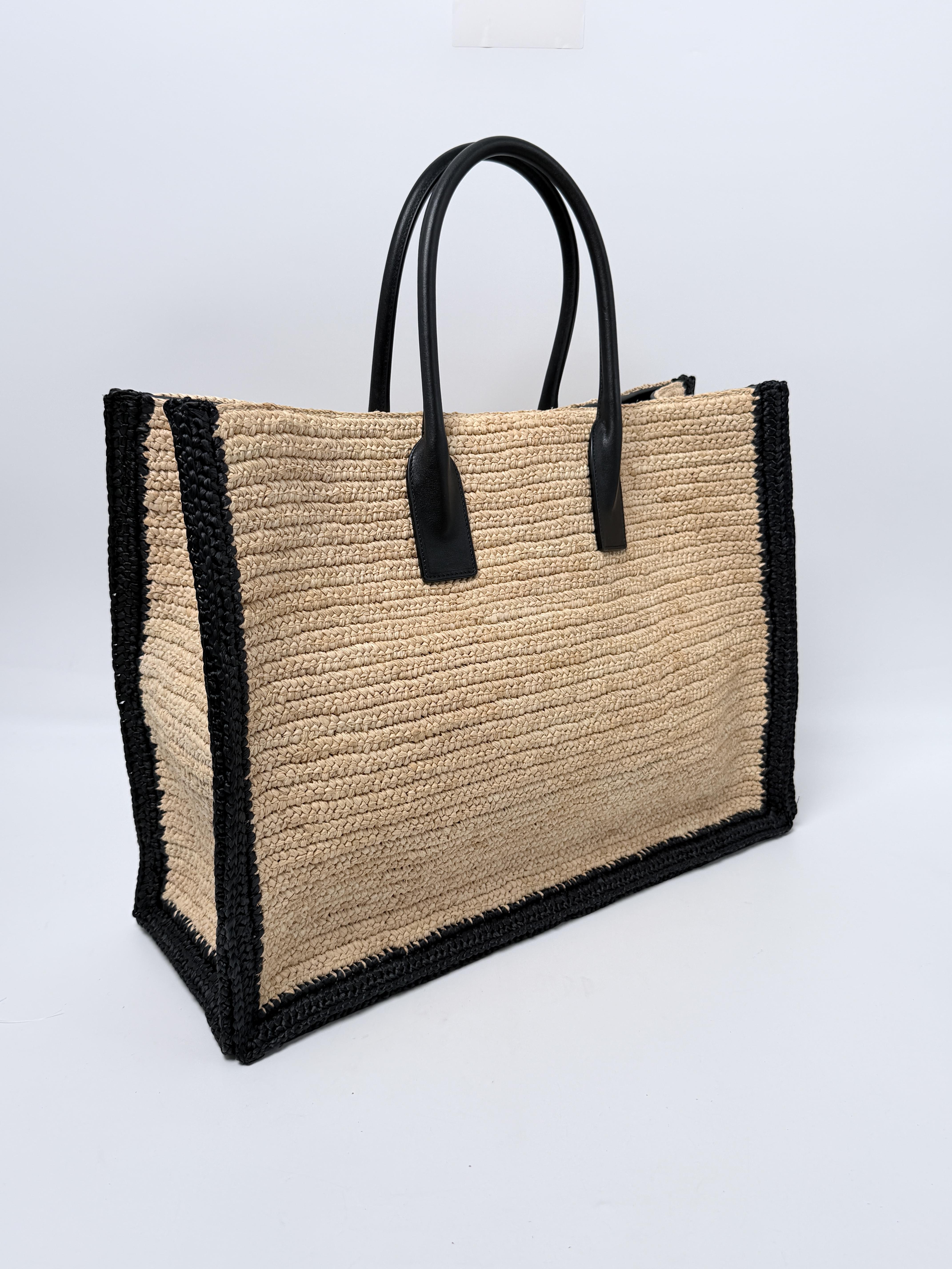 Saint Laurent Rive Gauche Raffia Large Tote Bag Beige Black Luxury Beach FJ019YS