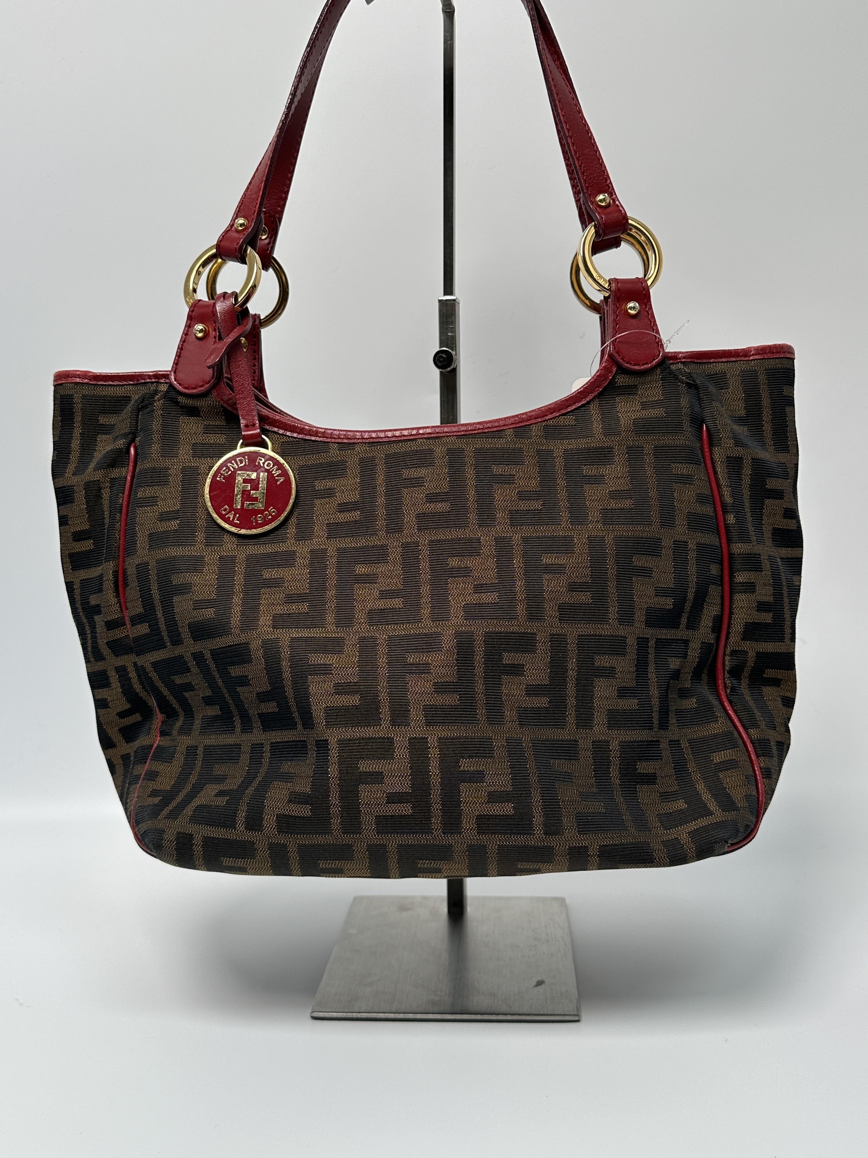 Pre-owned FENDI leather Shoulder Bags Zucca Canvas Shoulder Tote / Shoulder Bag Brown Red JA2990FD