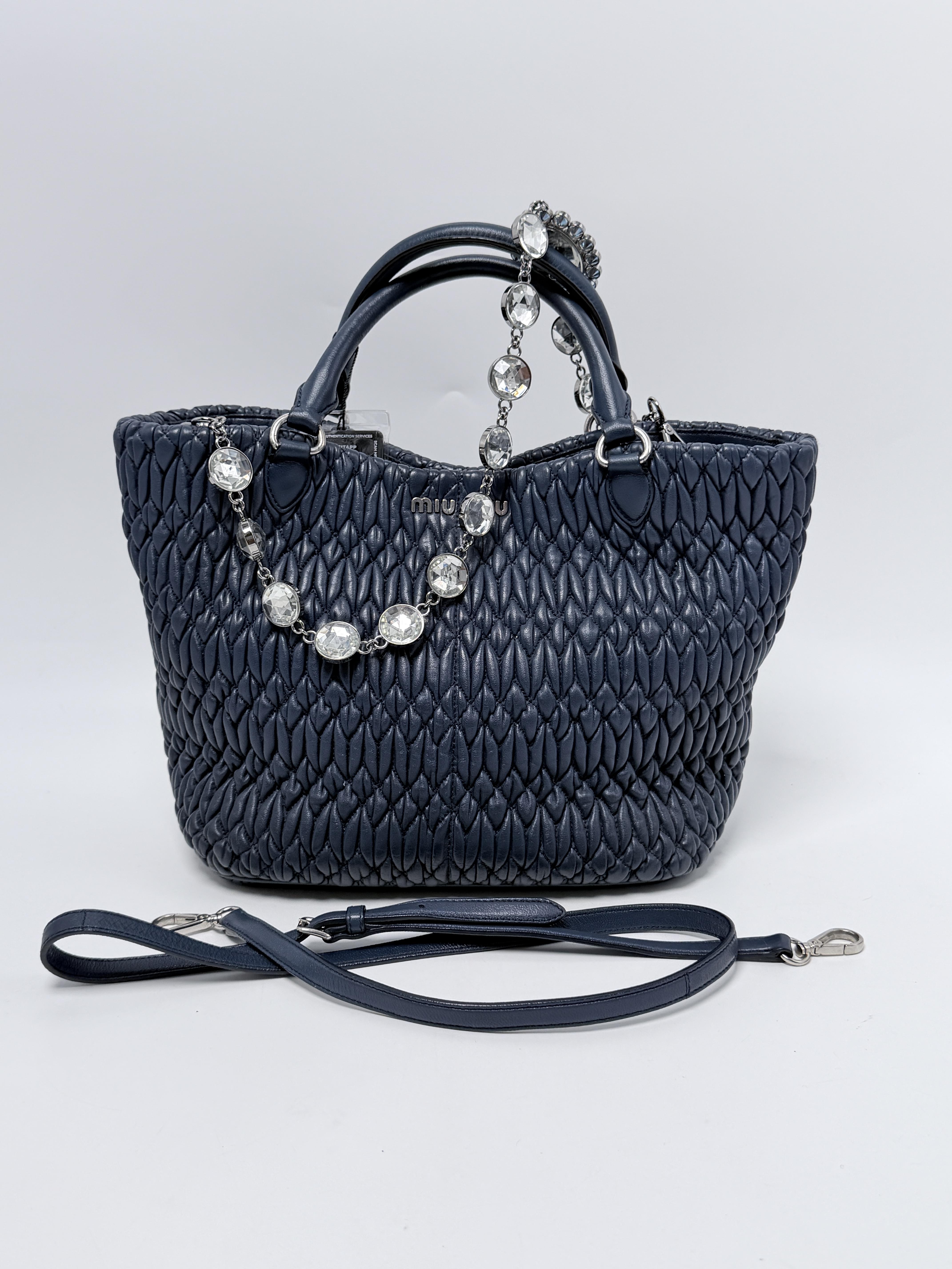 Matelasse Nappa Crystal Chain Satchel Tote Bag Navy JD1362MM
