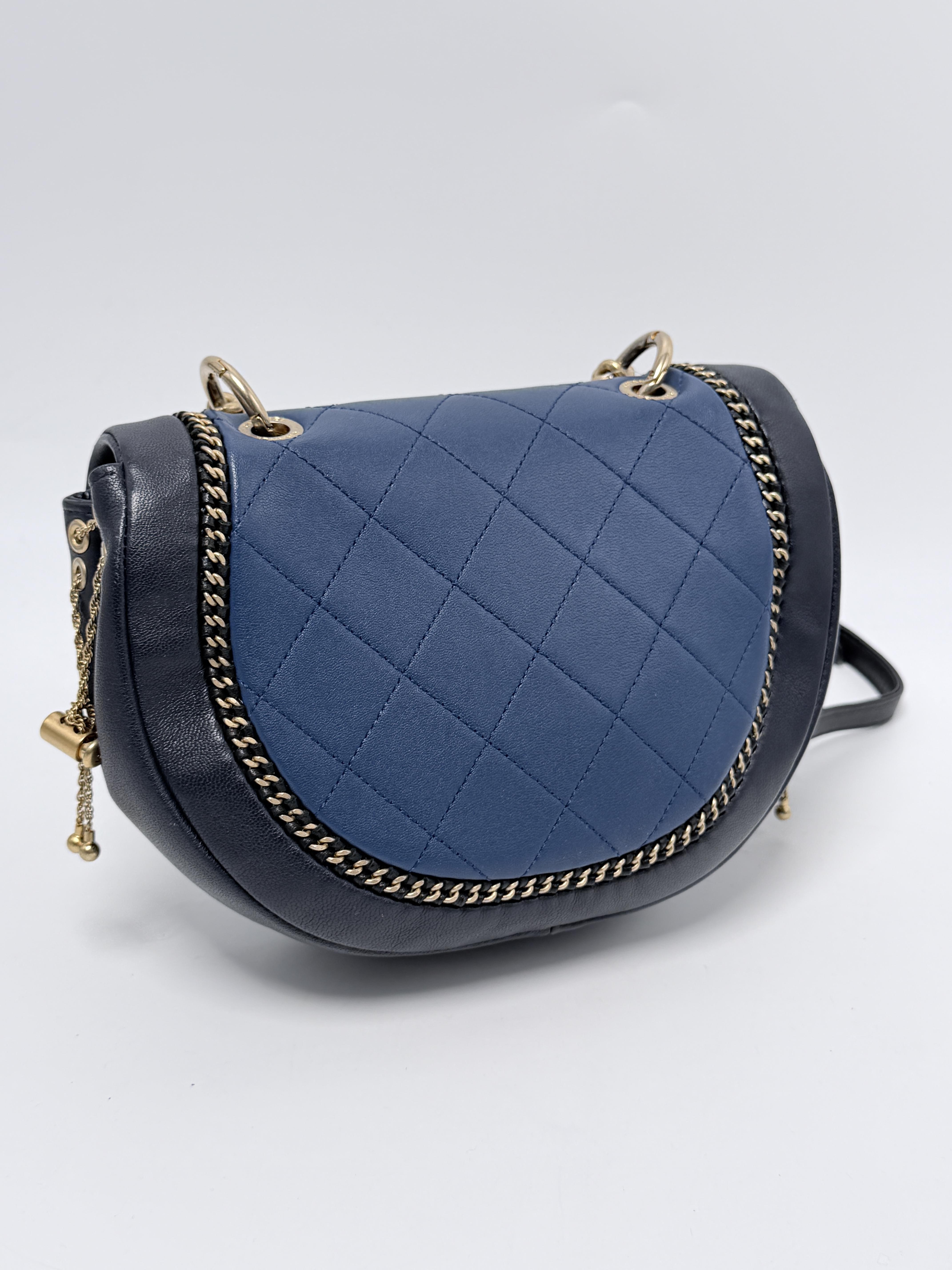 Chain Detail Small Saddle Bag Blue Lambskin Gold Hardware P049CC