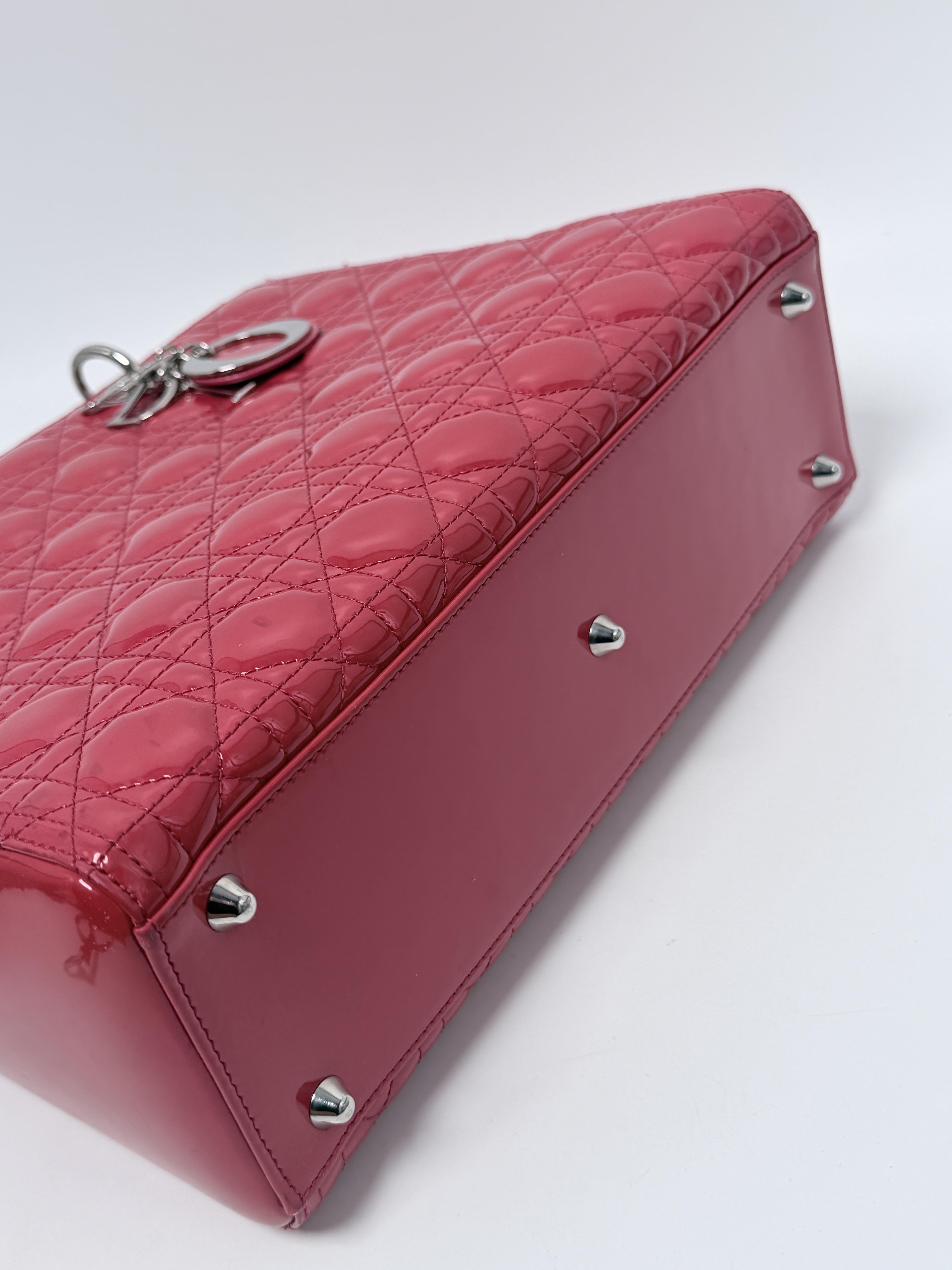 Christian Large Lady Patent Cannage Handbag Pink Cherry Silver HW BIN007CD