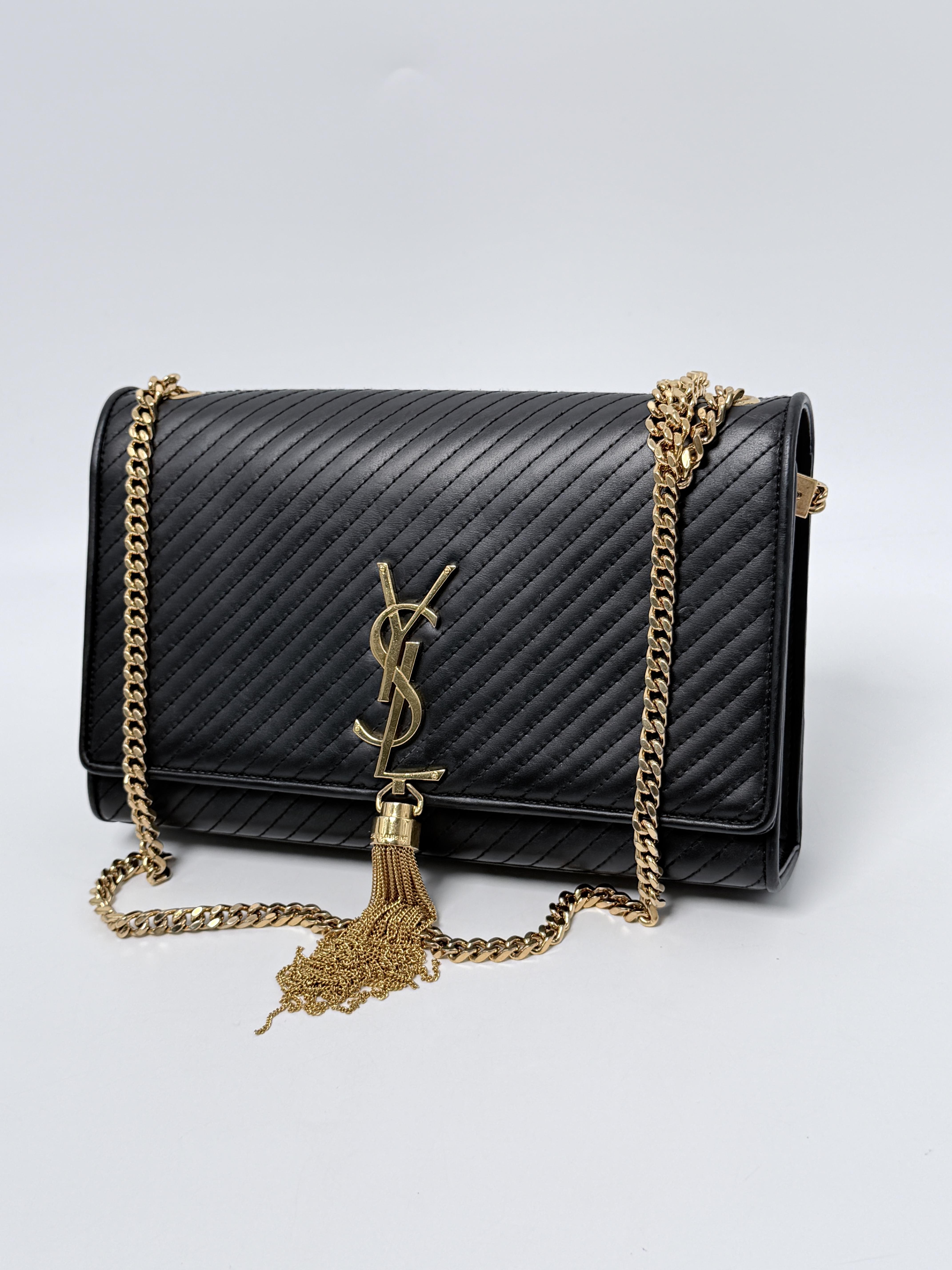 Saint Laurent Kate Medium Tassel Bag Diagonal Quilted Black Chain YSL P027YS