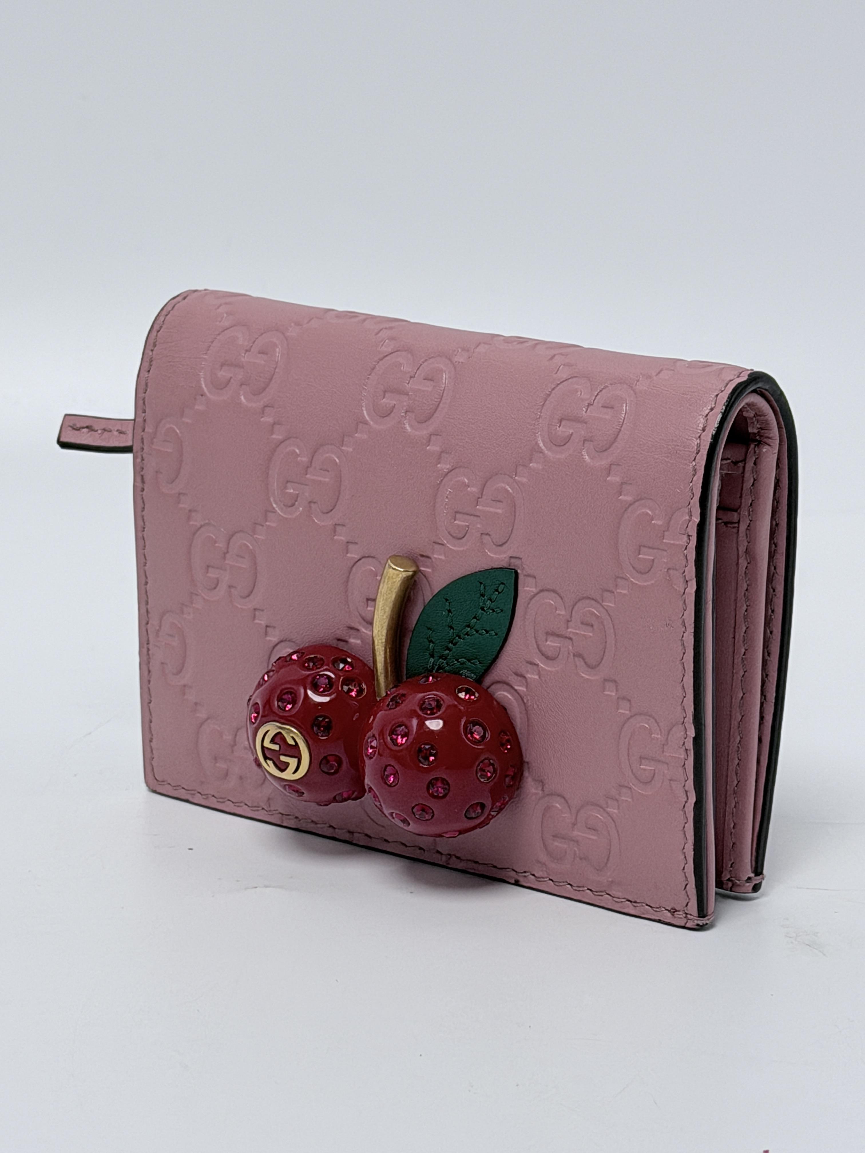 Japan Exclusive Pink Guccissima Cherry Bifold Card Case Wallet JD1572GG