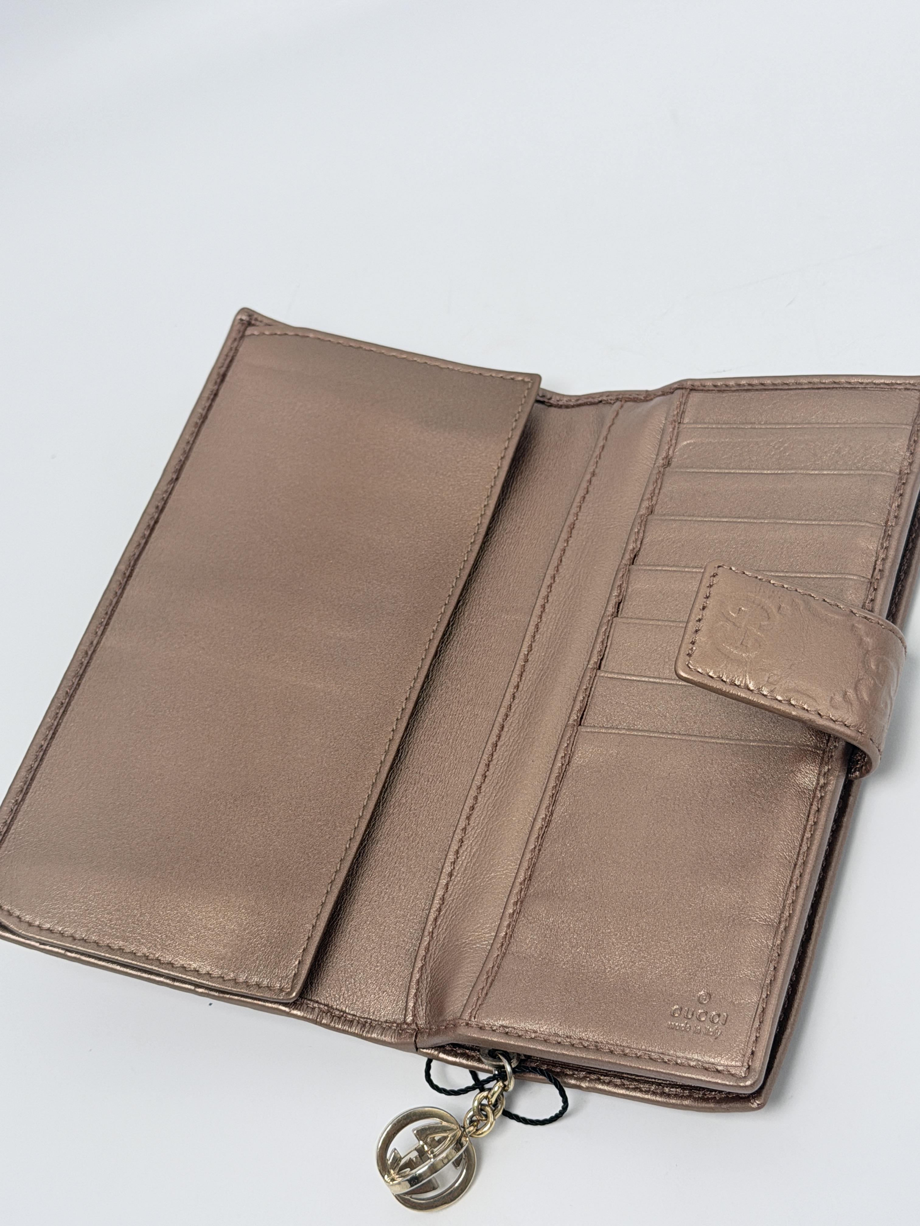 Guccissima Long Wallet Bronze Gold Metallic Continental Bifold Wallet with GG Charm JD1292GG