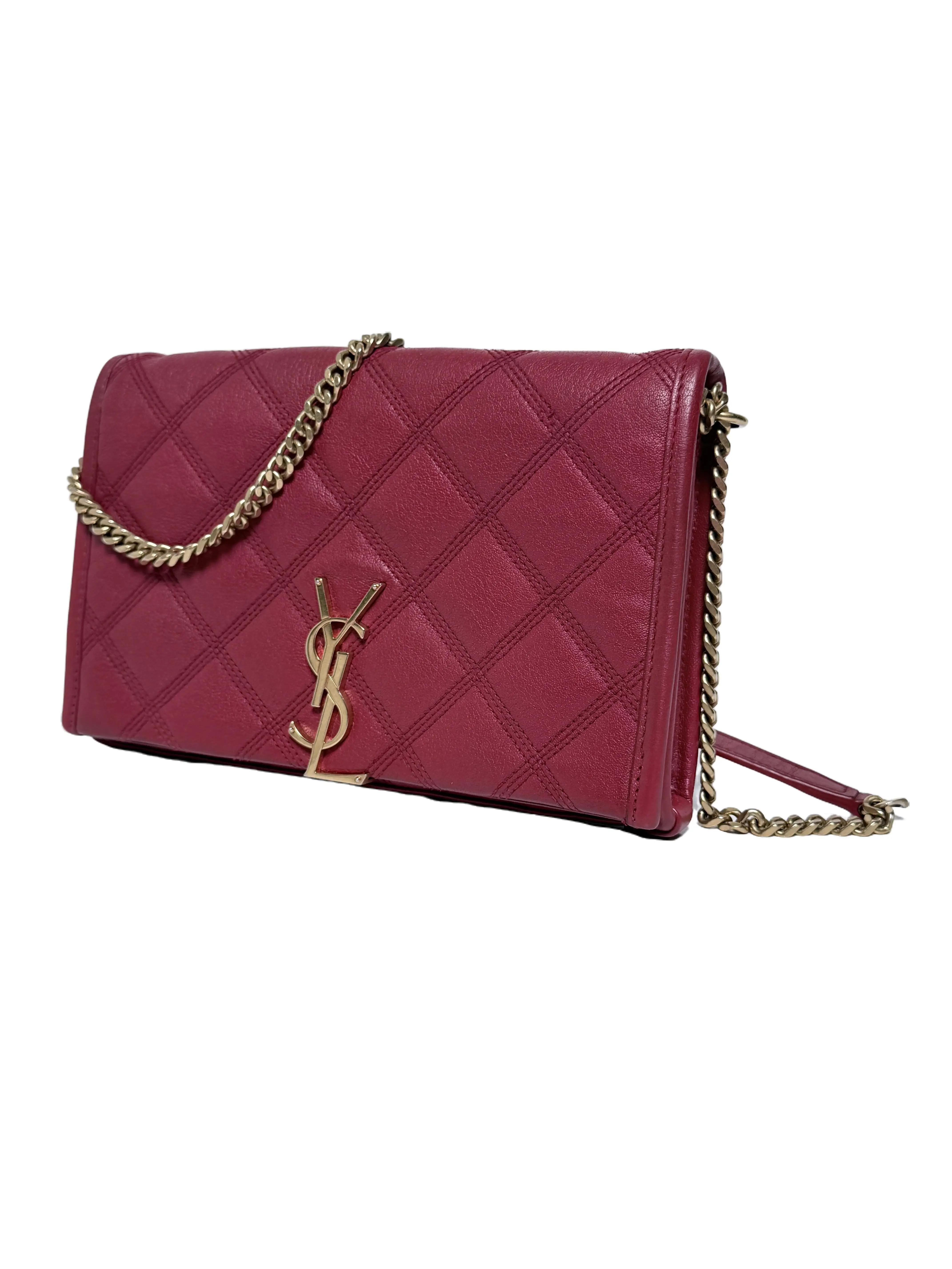 Authentic YSL Saint Laurent Monogram Becky Chain Wallet Crossbody Red Quilted Gold Hardware JXYSL8