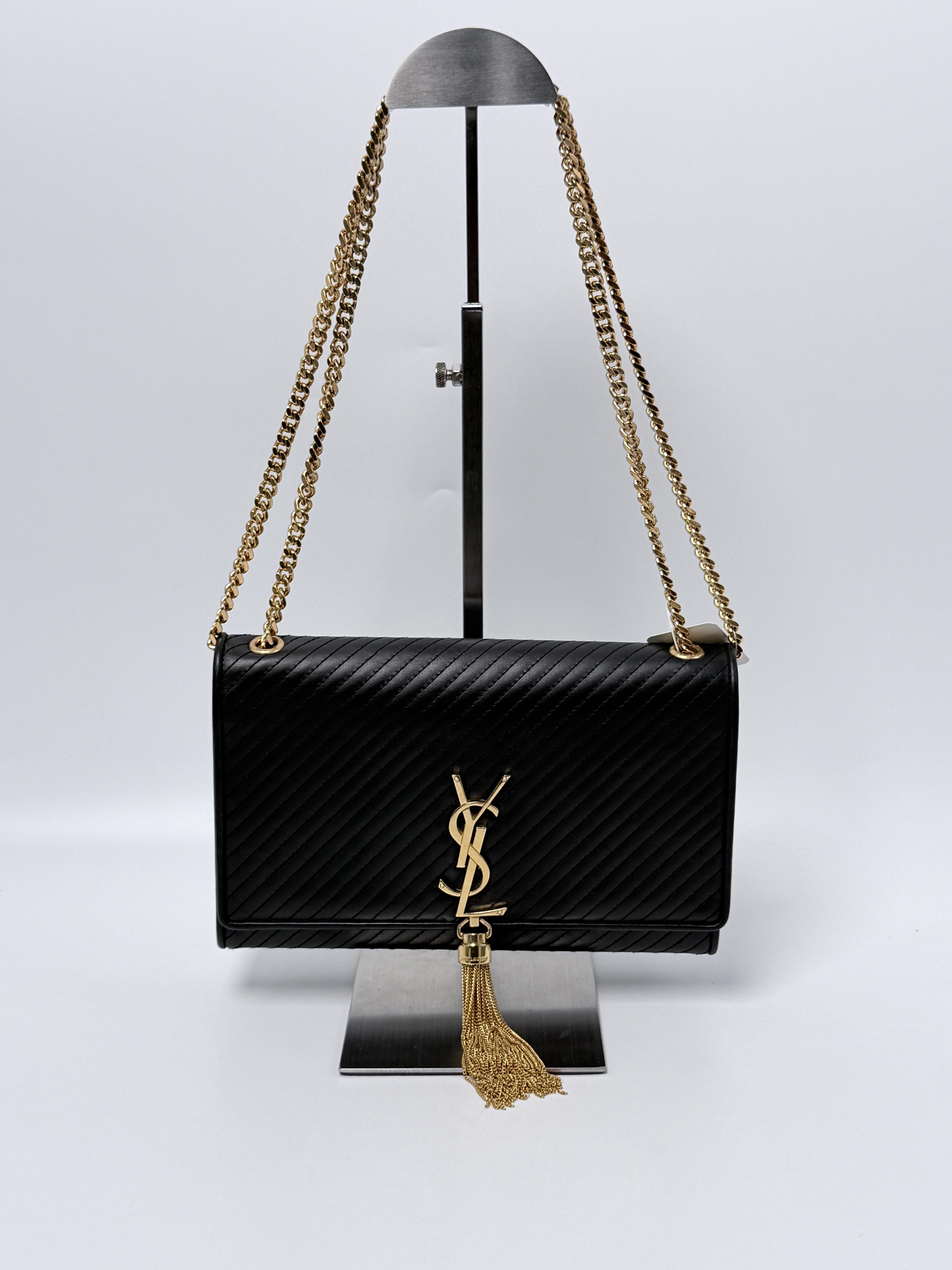 Saint Laurent Kate Medium Tassel Bag Diagonal Quilted Black Chain YSL P027YS