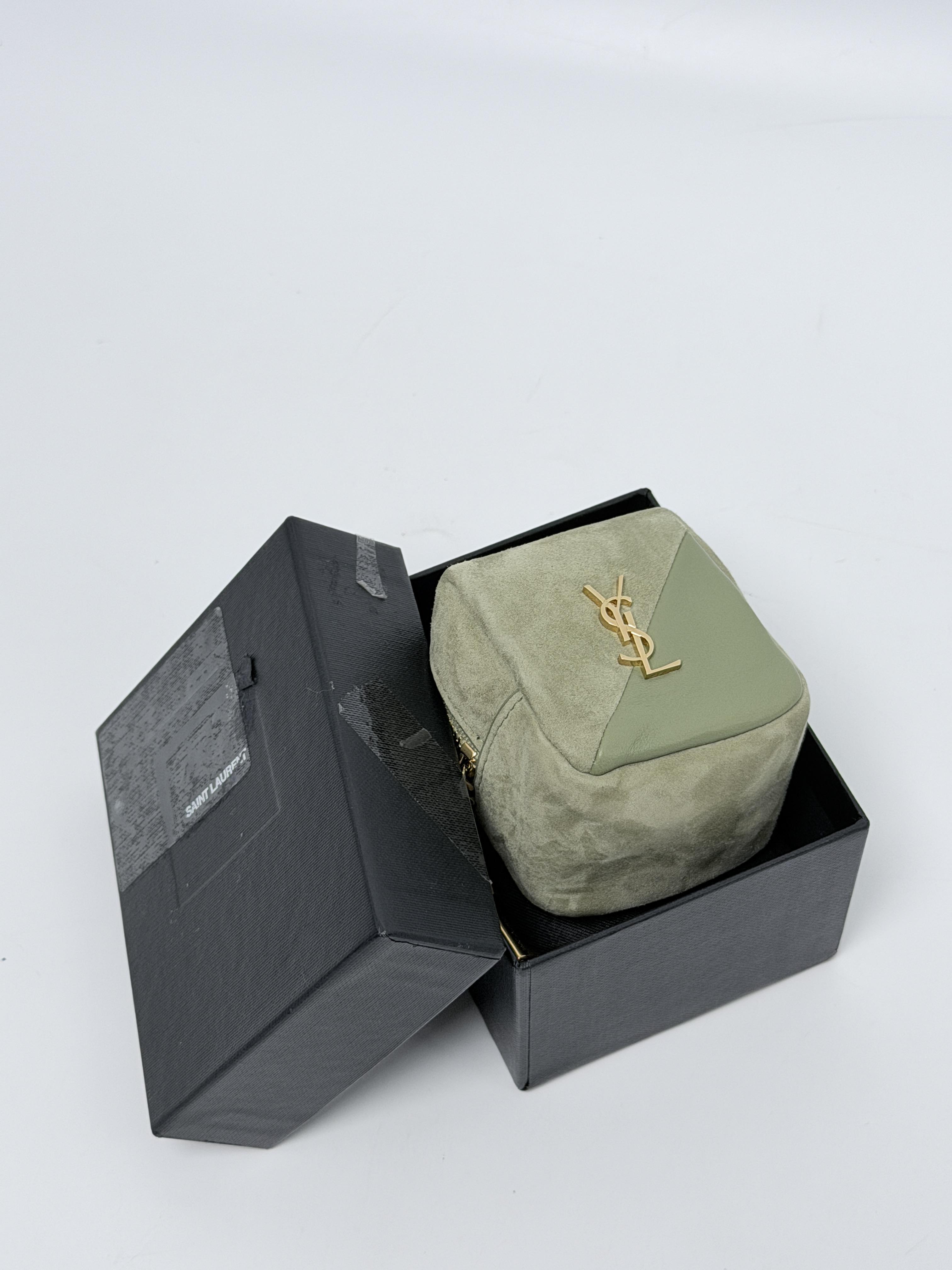 Saint Laurent Jamie Cube Bag Charm Key Pouch Light Sage Green Soft Olive Drab Gold Tone Hardware Luxury AirPod Case JD1222Y