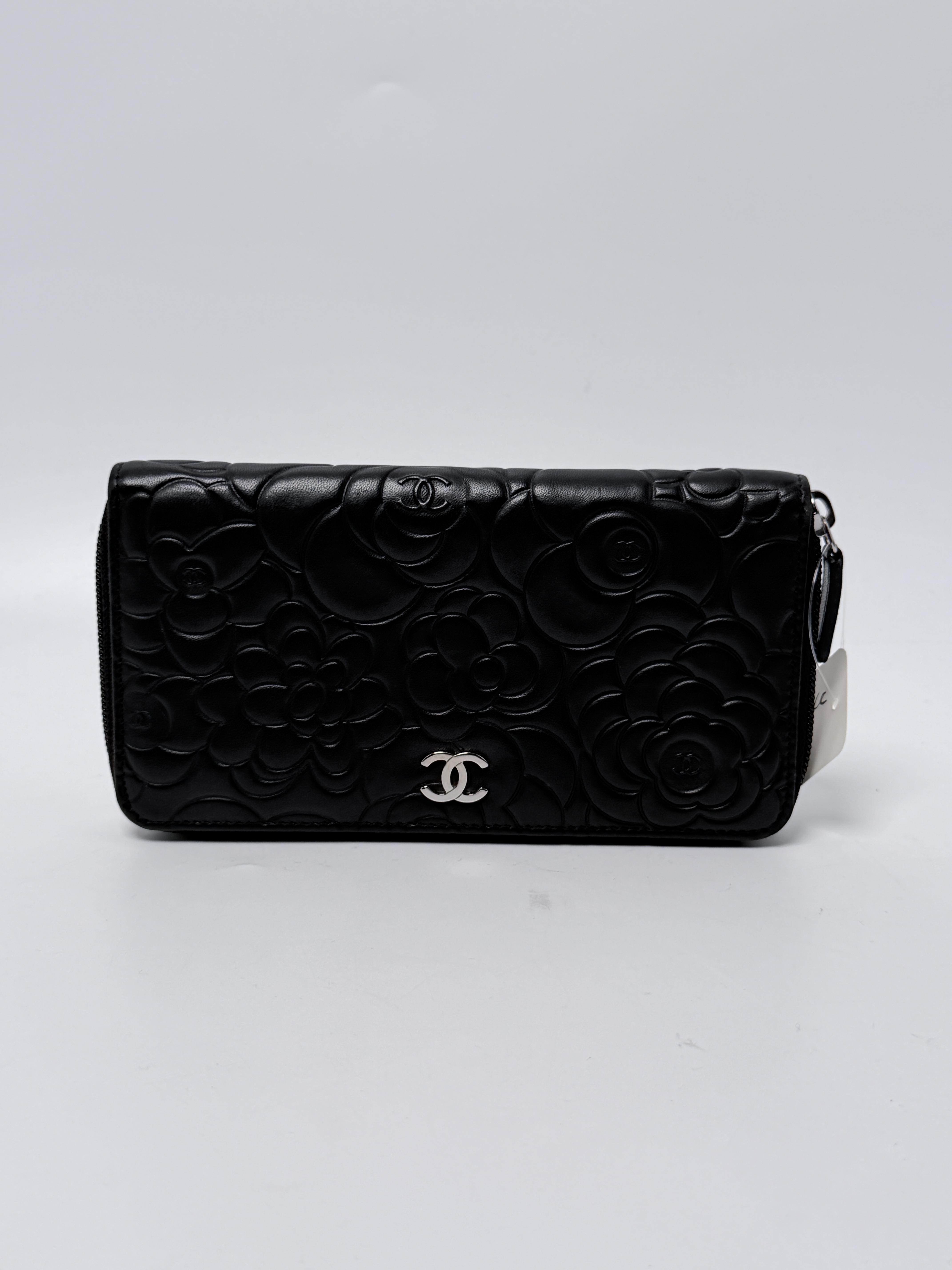 Camellia Embossed Zip Around Long Wallet Black Silver CC XU029CC