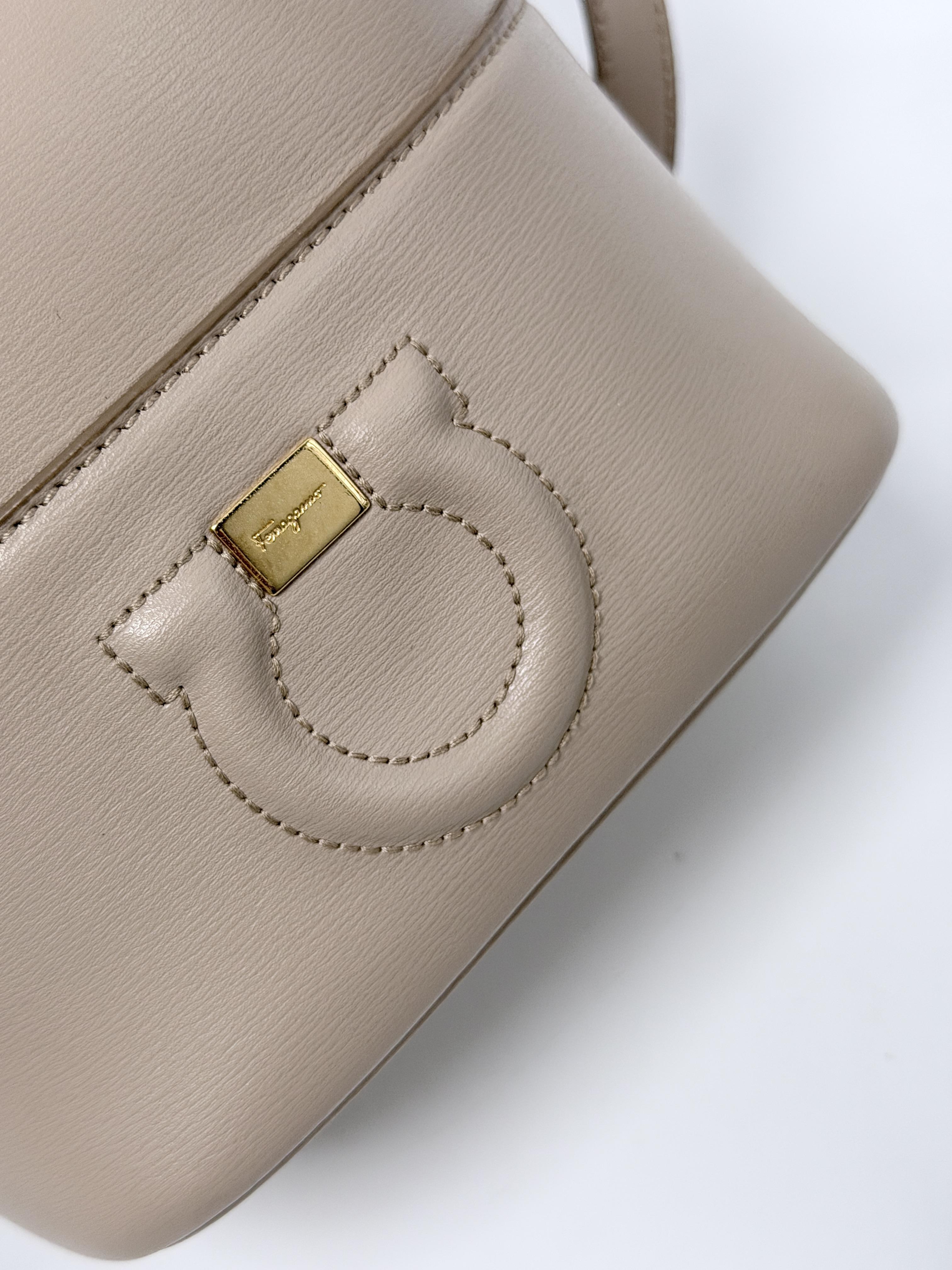 Ferragamo Gancini Mini Drawstring Bucket Crossbody Bag Taupe Gray JD1234FG
