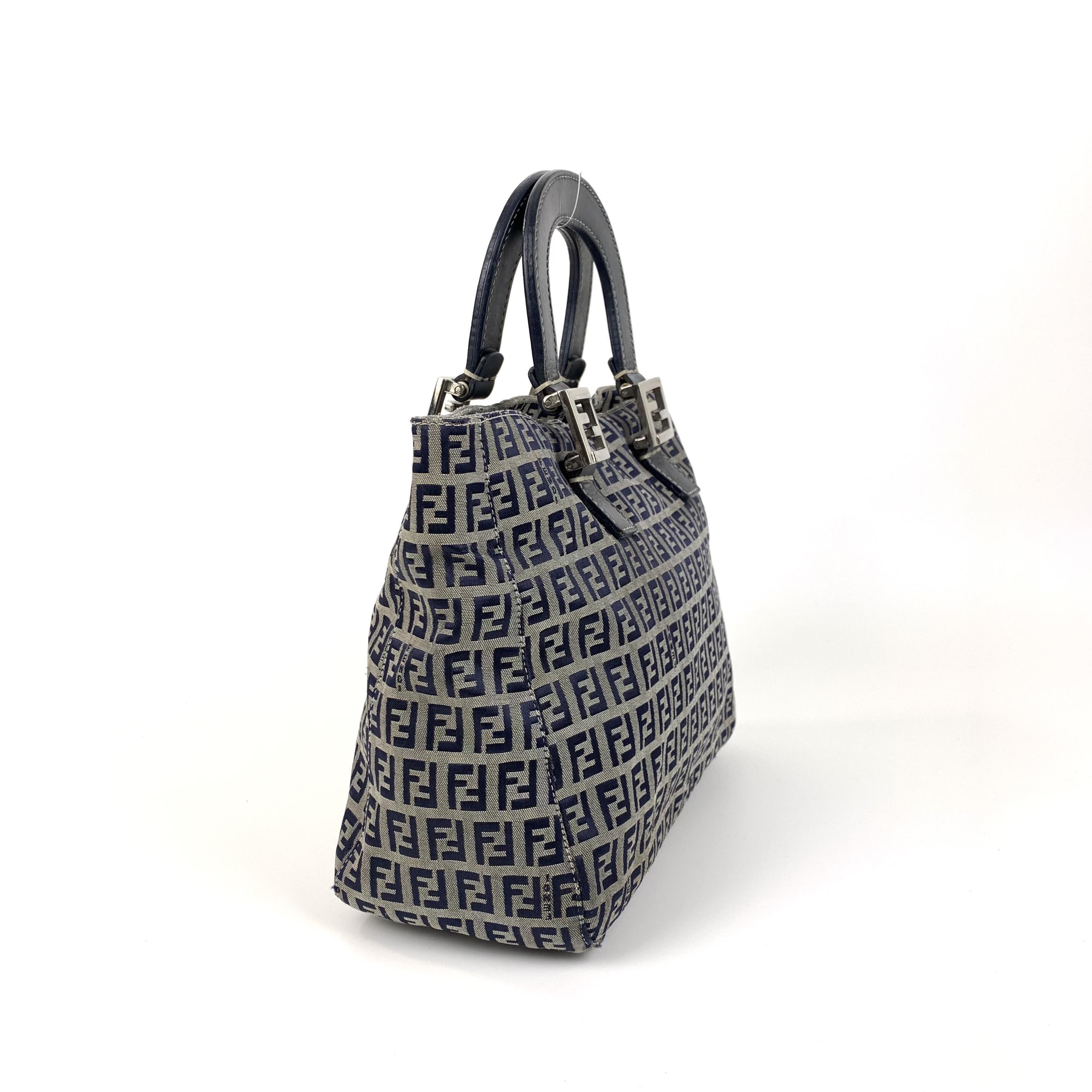 Pre-owned FENDI Canvas Tote Bags Authentic Fendi Classic Navy Blue Vintage Pattern Handheld Tote Bag SH232