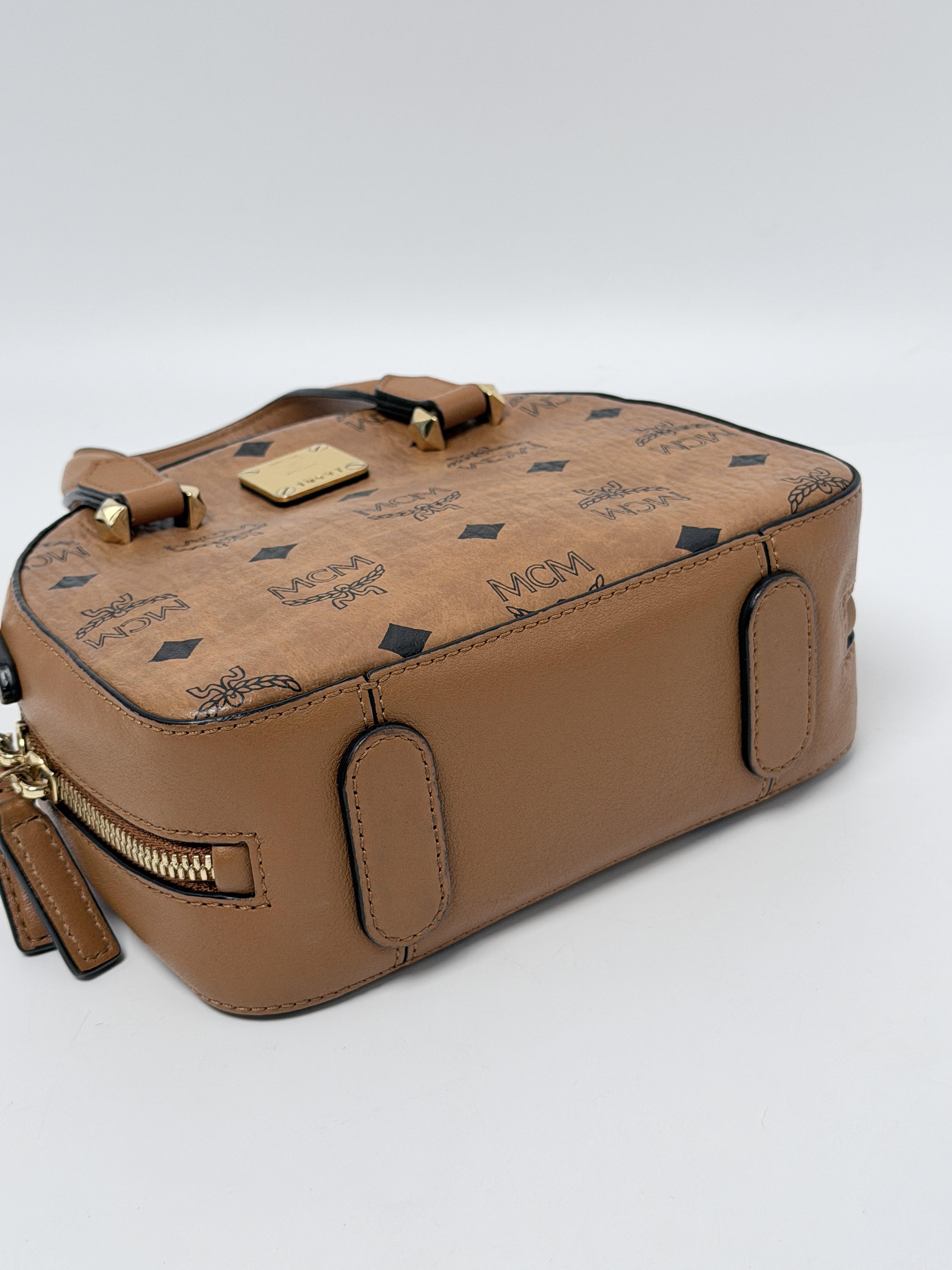 Cognac Visetos Mini Dome Bowling Top Handle Handbag Crossbody Bag JD1437MCM
