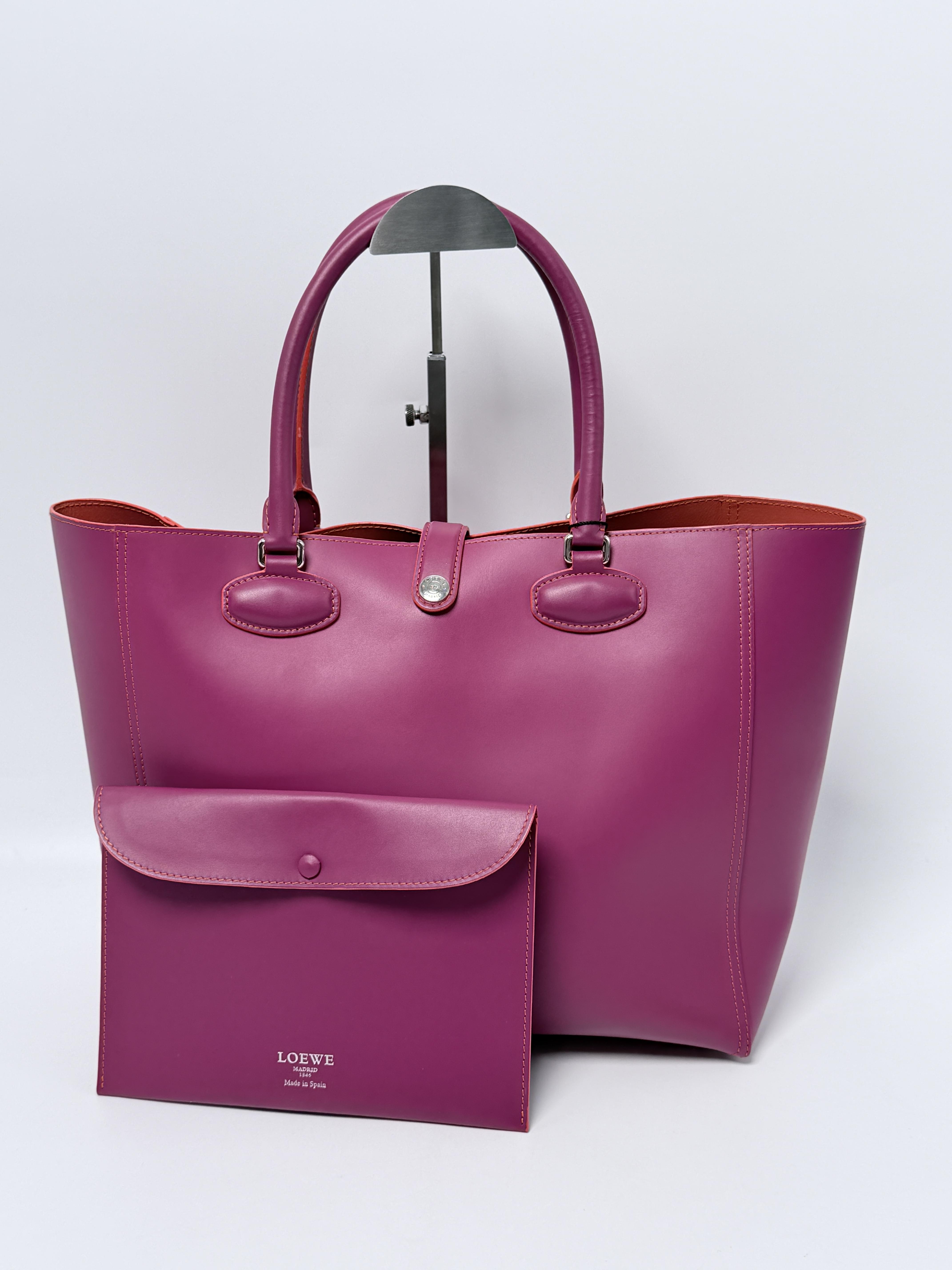 Leo Purple Magenta Calfskin Leather Shopping Tote Bag w/ Orange Pouch JD1092LE