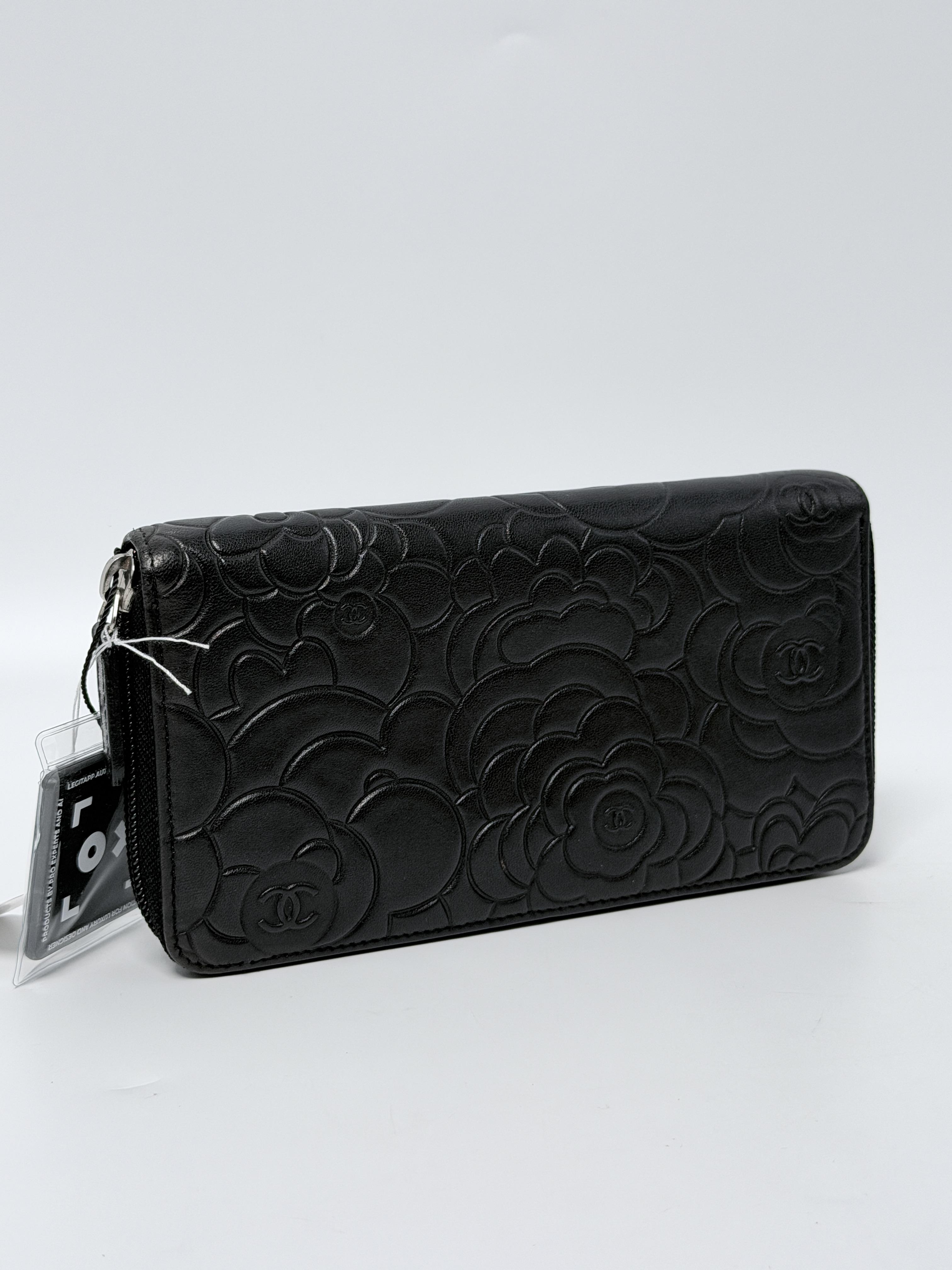 Black Lambskin Camellia Embossed Zip Around Long Silver Hardware JE702CC