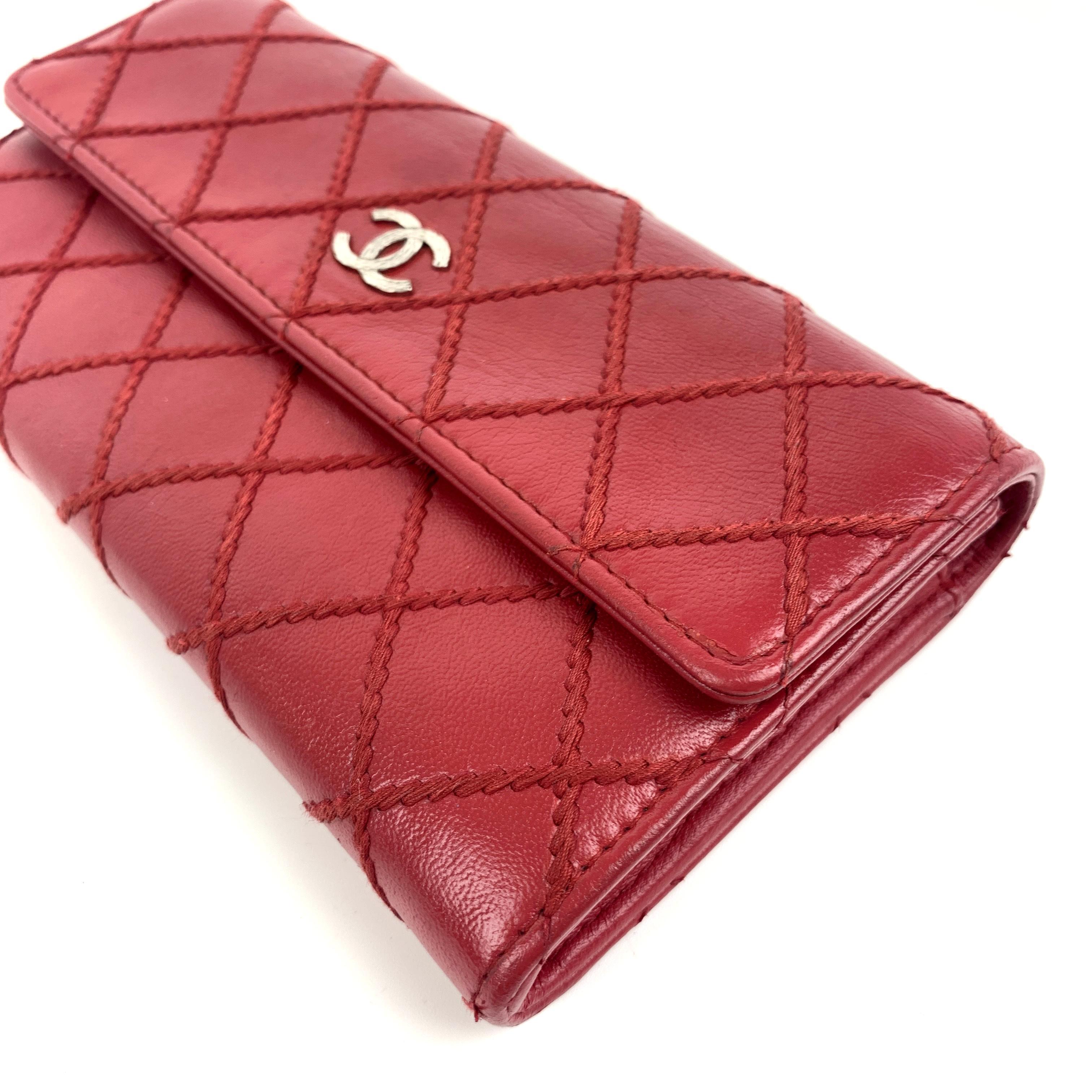 Pre-owned CHANEL Sheepskin Mini Bags Long Wallet Red Quilted Lambskin, Silver Hardware,Sku:SH51
