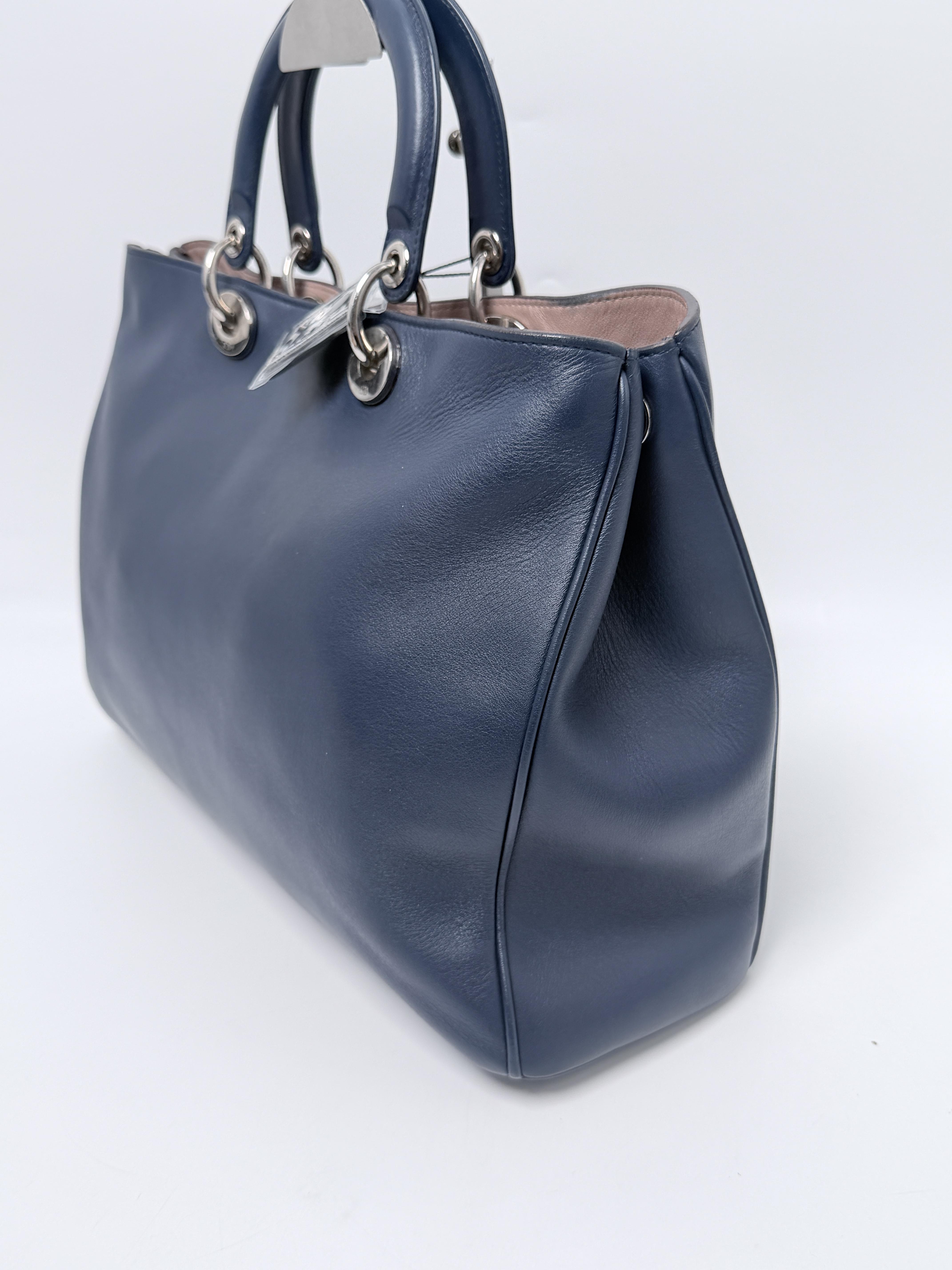Christian Diorissimo Bag Navy Blue Calfskin Tote Pouch Shoulder Strap JD1024DR