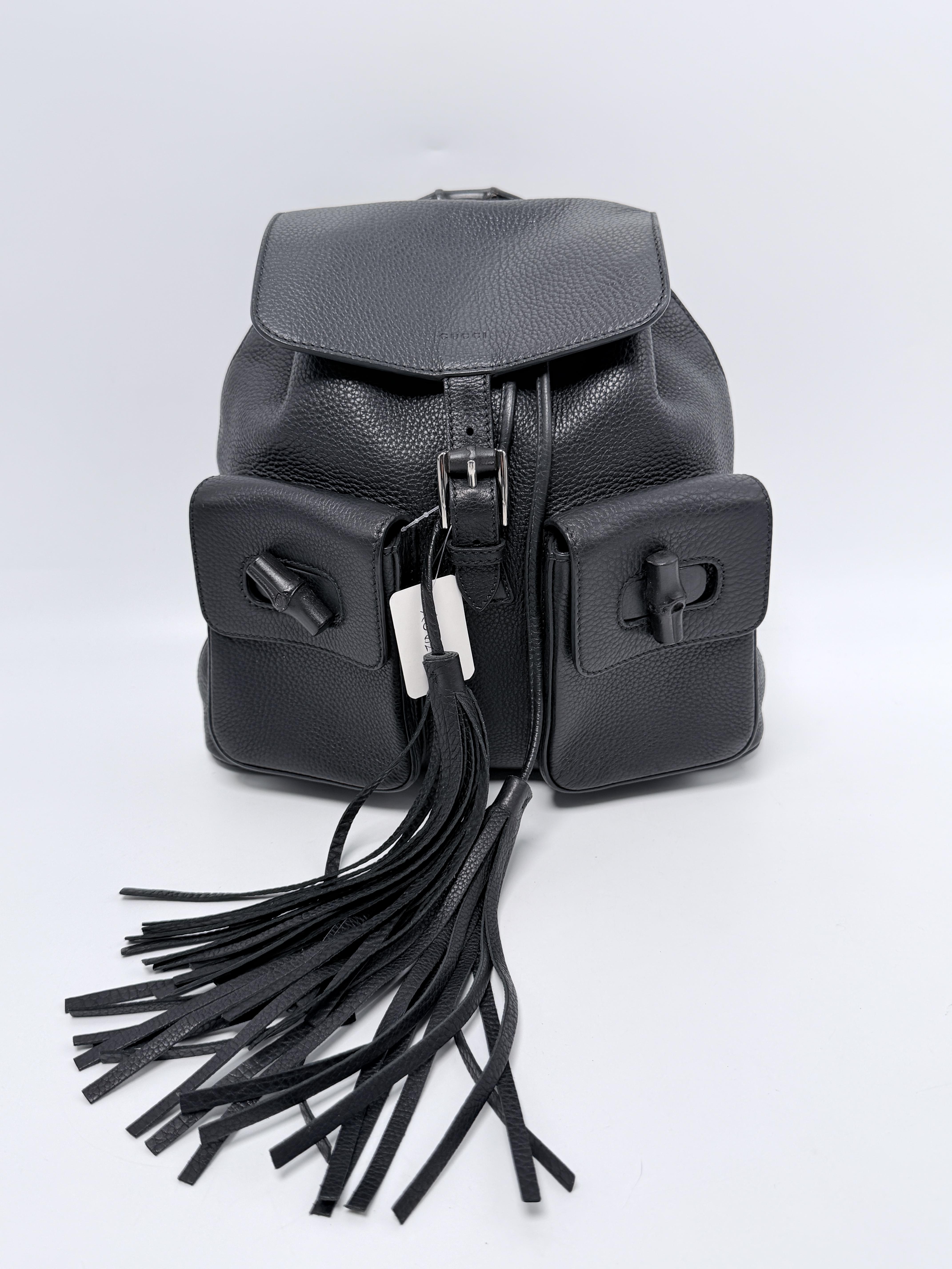 Black Pebbled Bamboo Tassel Fringe Medium Backpack Bag XU020GG