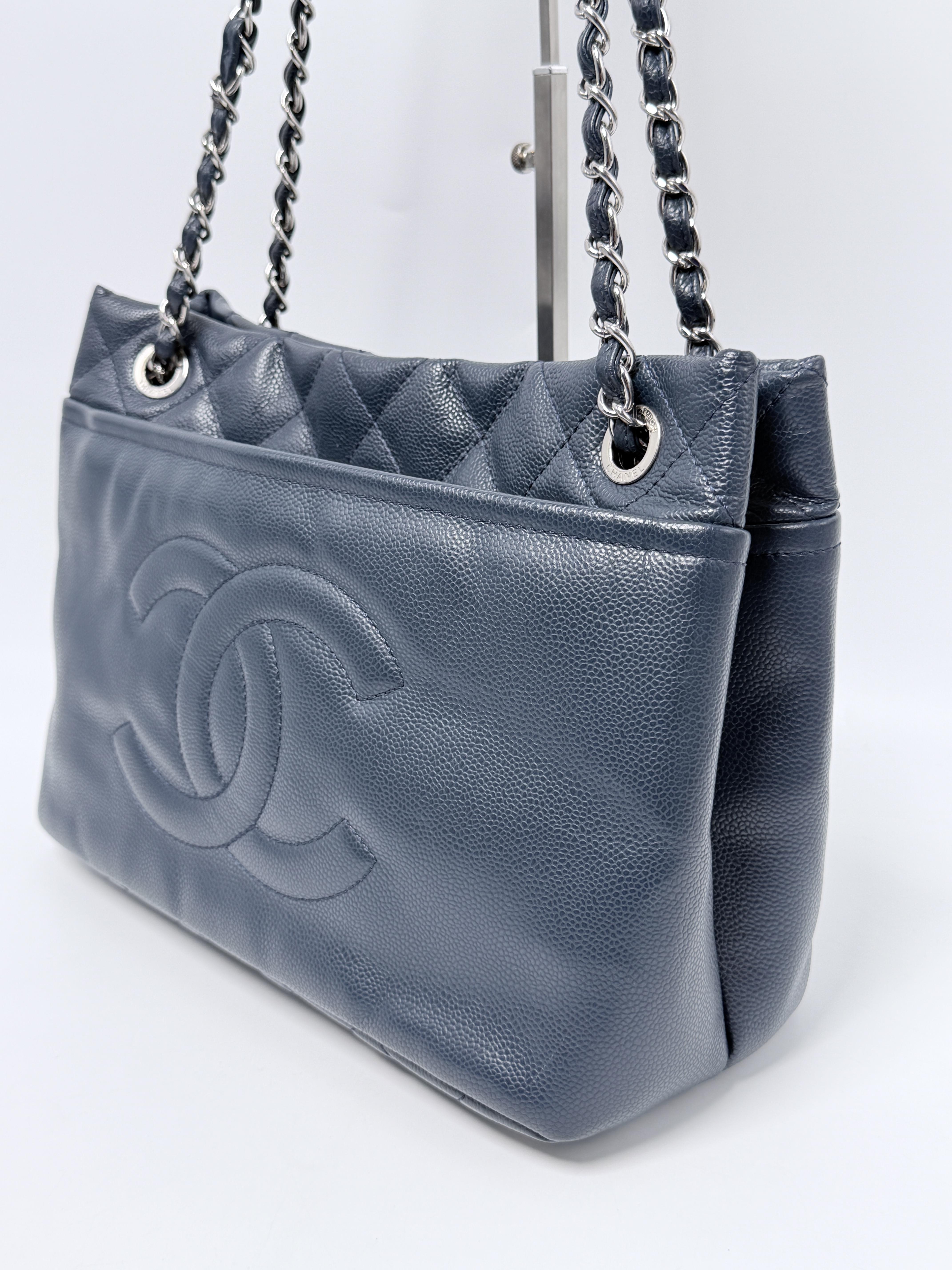 Timeless CC Soft Shopping Tote Quilted Caviar Leather Shoulder Bag Navy XU009CC