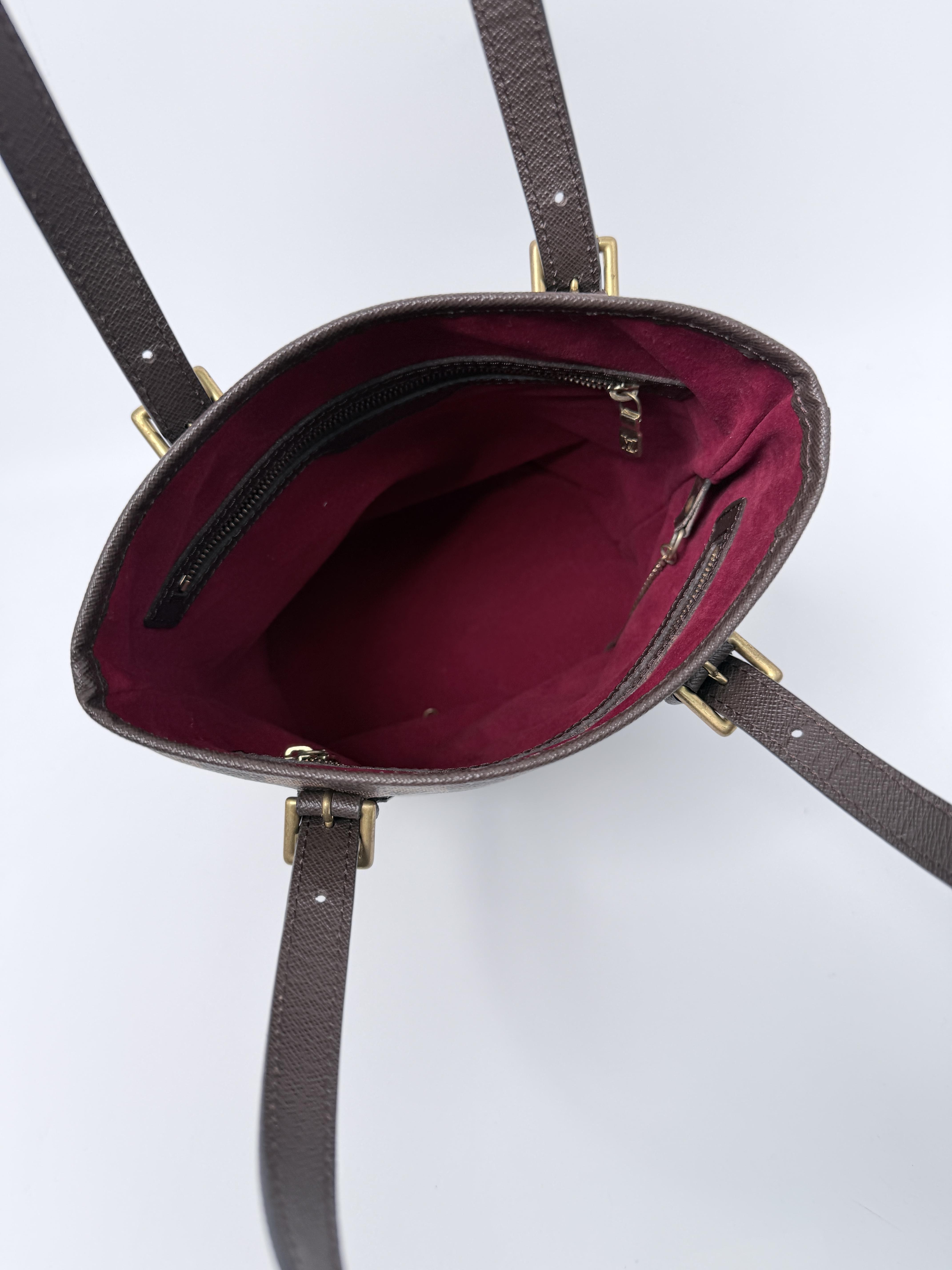 Pre-owned Louis Vuitton Canvas Shoulder Bags Damier Ebene Bucket PM Tote Bag Brown Shoulder Bag LV Drawstring Bucket JX337LV