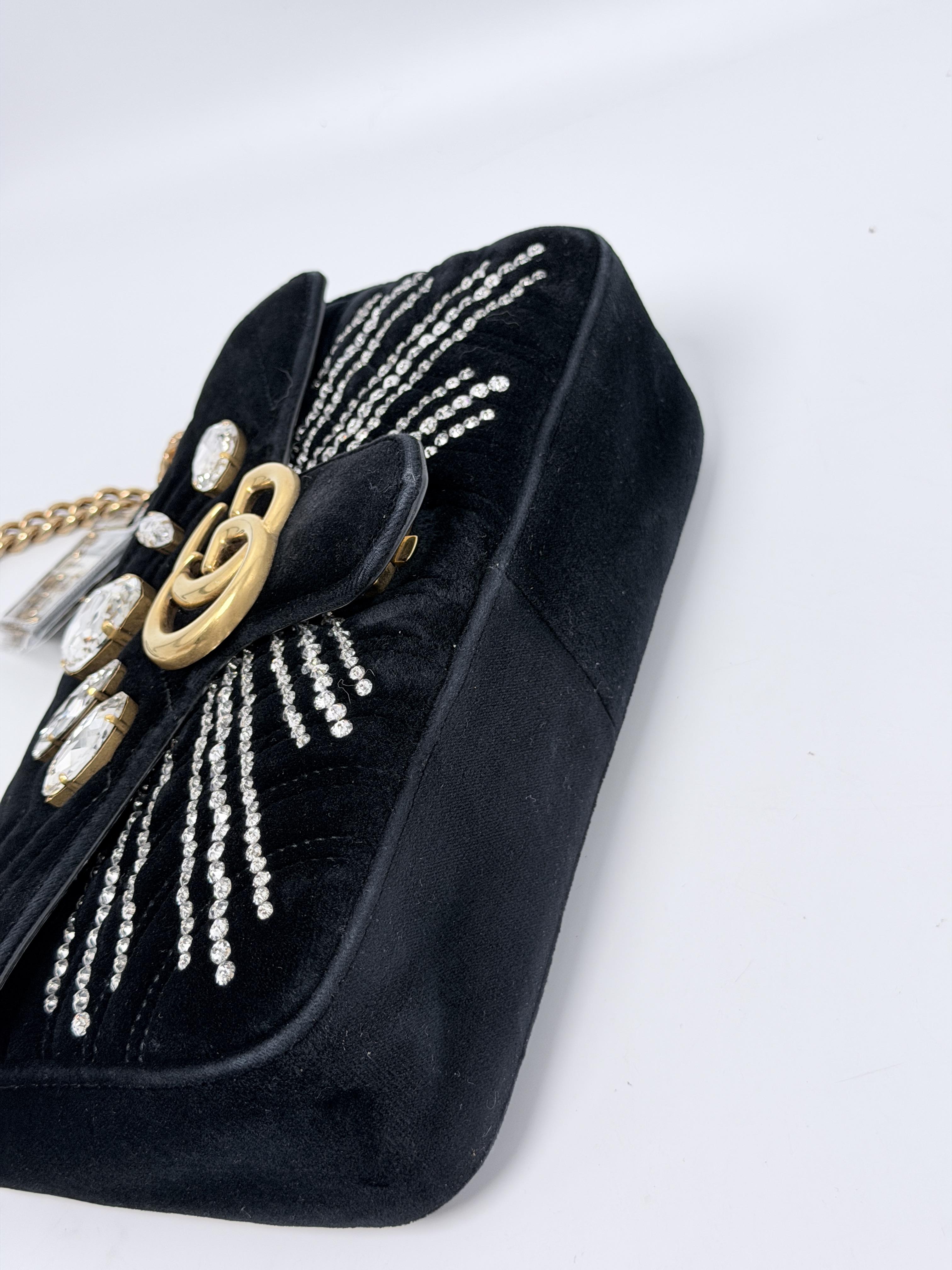 GG Marmont Flap Bag Crystal Embellished Matelasse Velvet Medium Black Gold JD1113GG