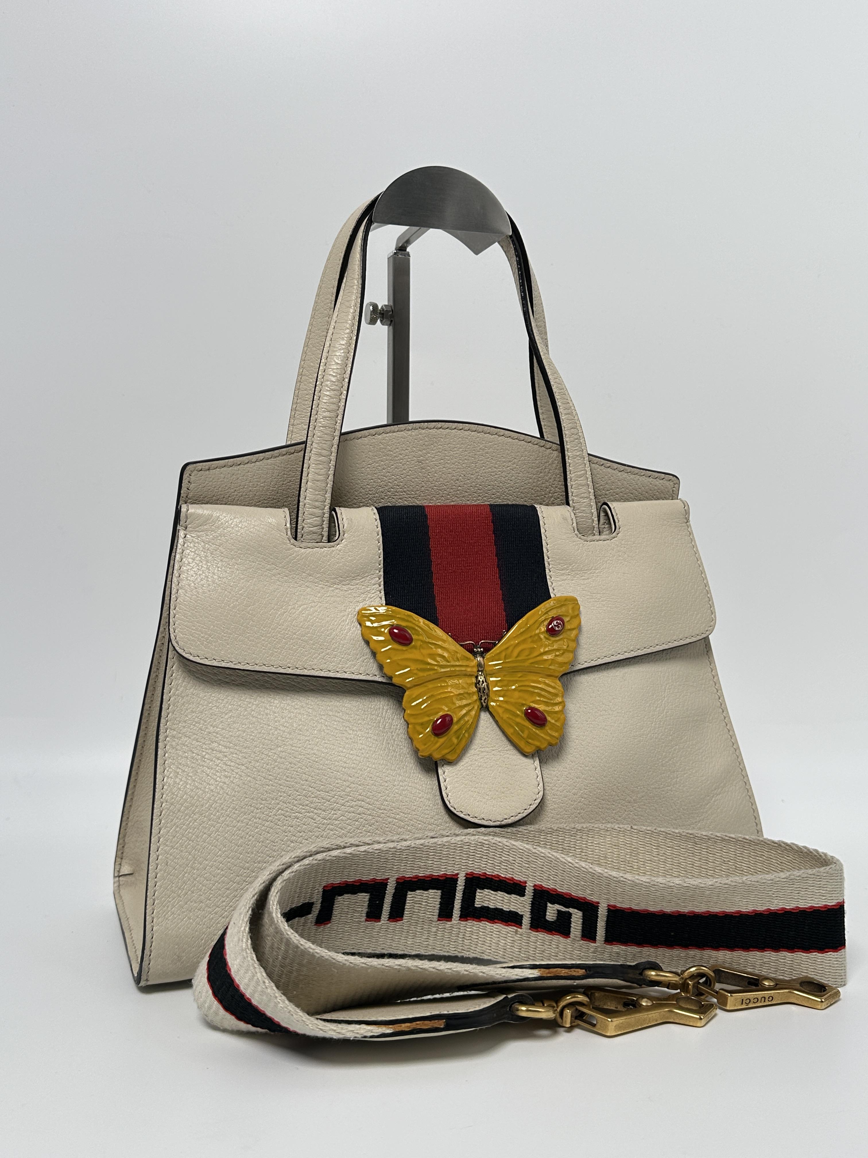 Pre-owned GUCCI Leather Crossbody Bags Medium Linea Totem Butterfly Top Handle Bag Shoulder Ivory Web JD820GG