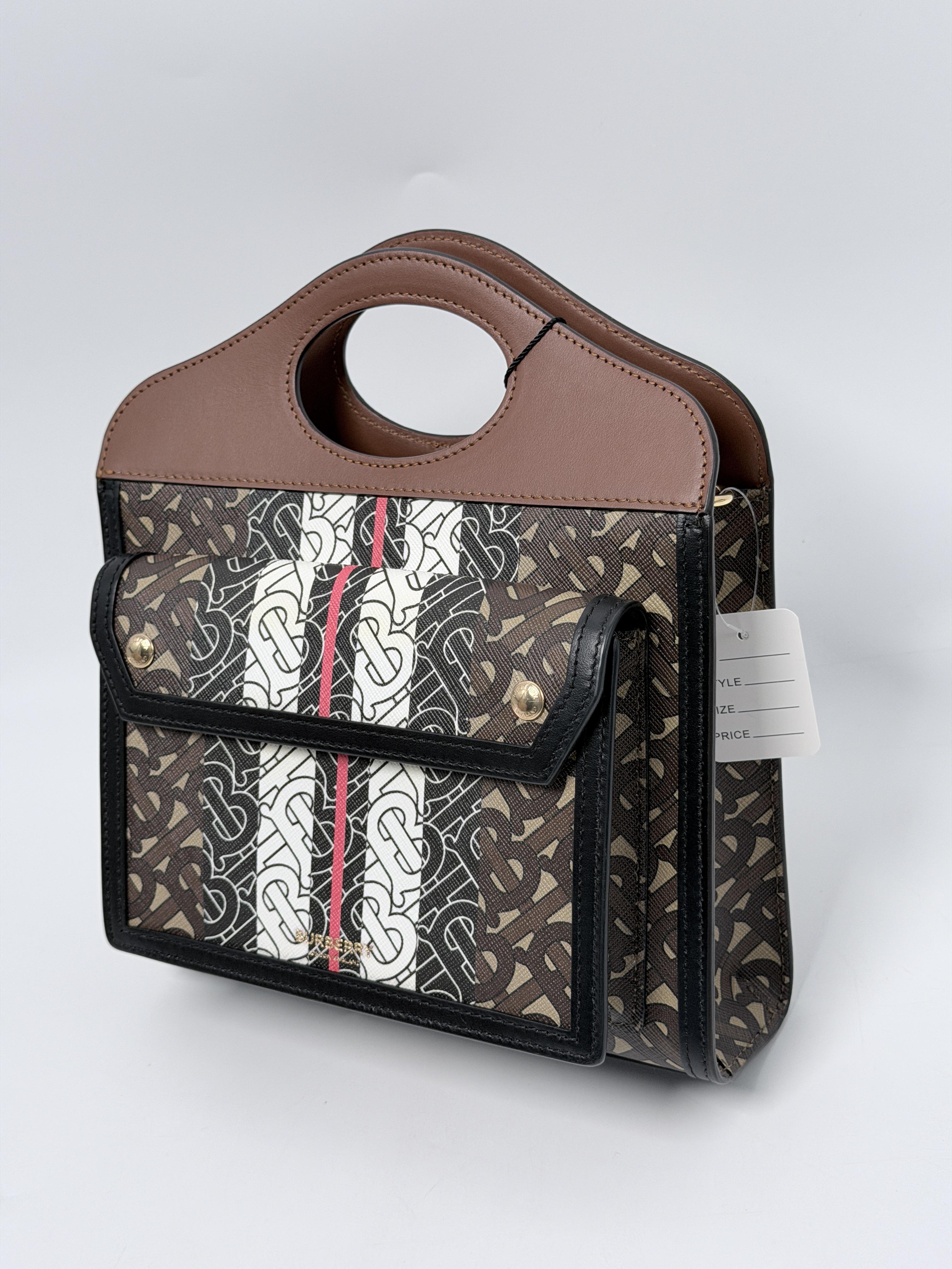 Burberry Mini Monogram Stripe E Canvas Pocket Bag Bridle Brown XU003BR
