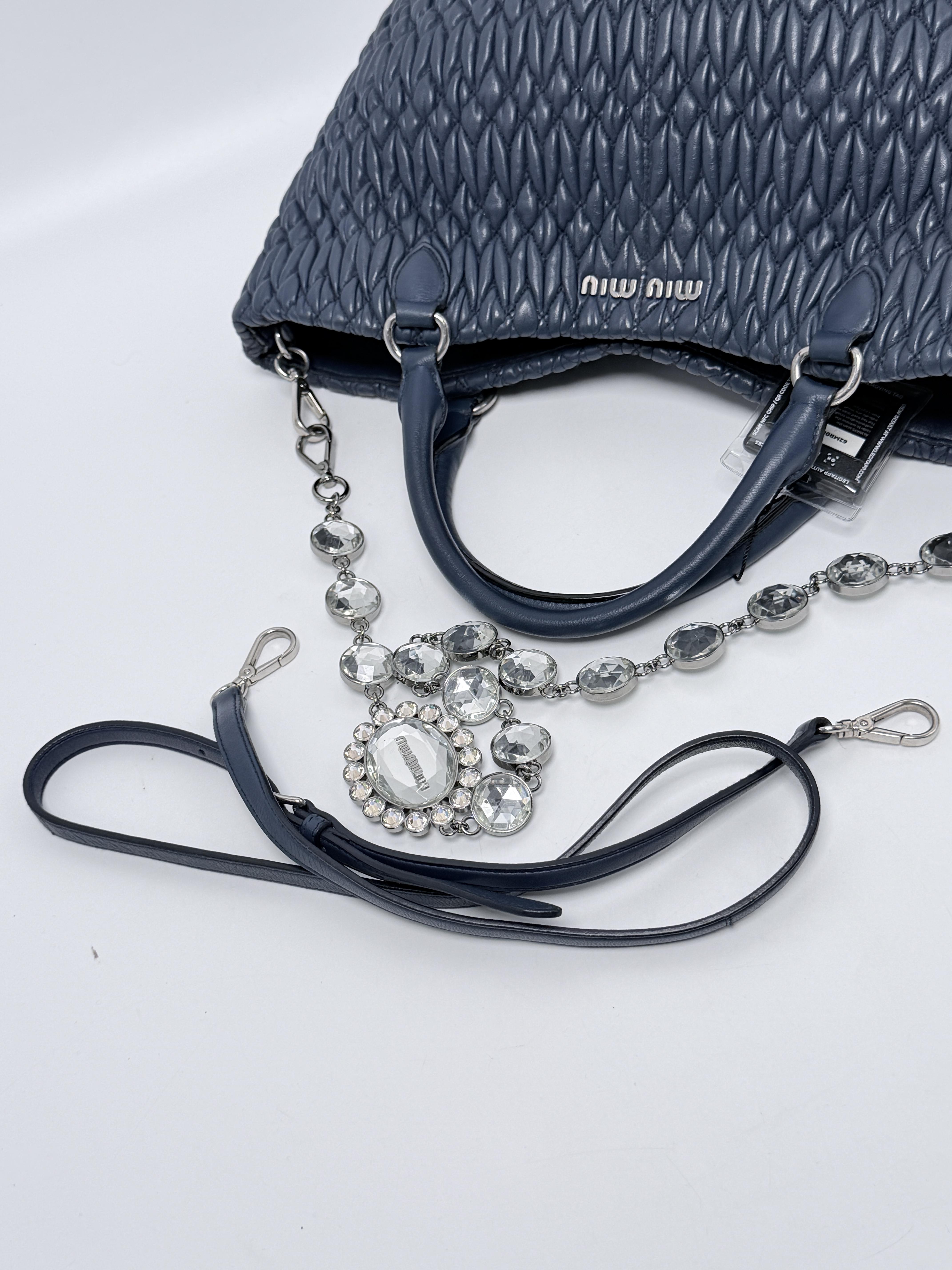 Matelasse Nappa Crystal Chain Satchel Tote Bag Navy JD1362MM