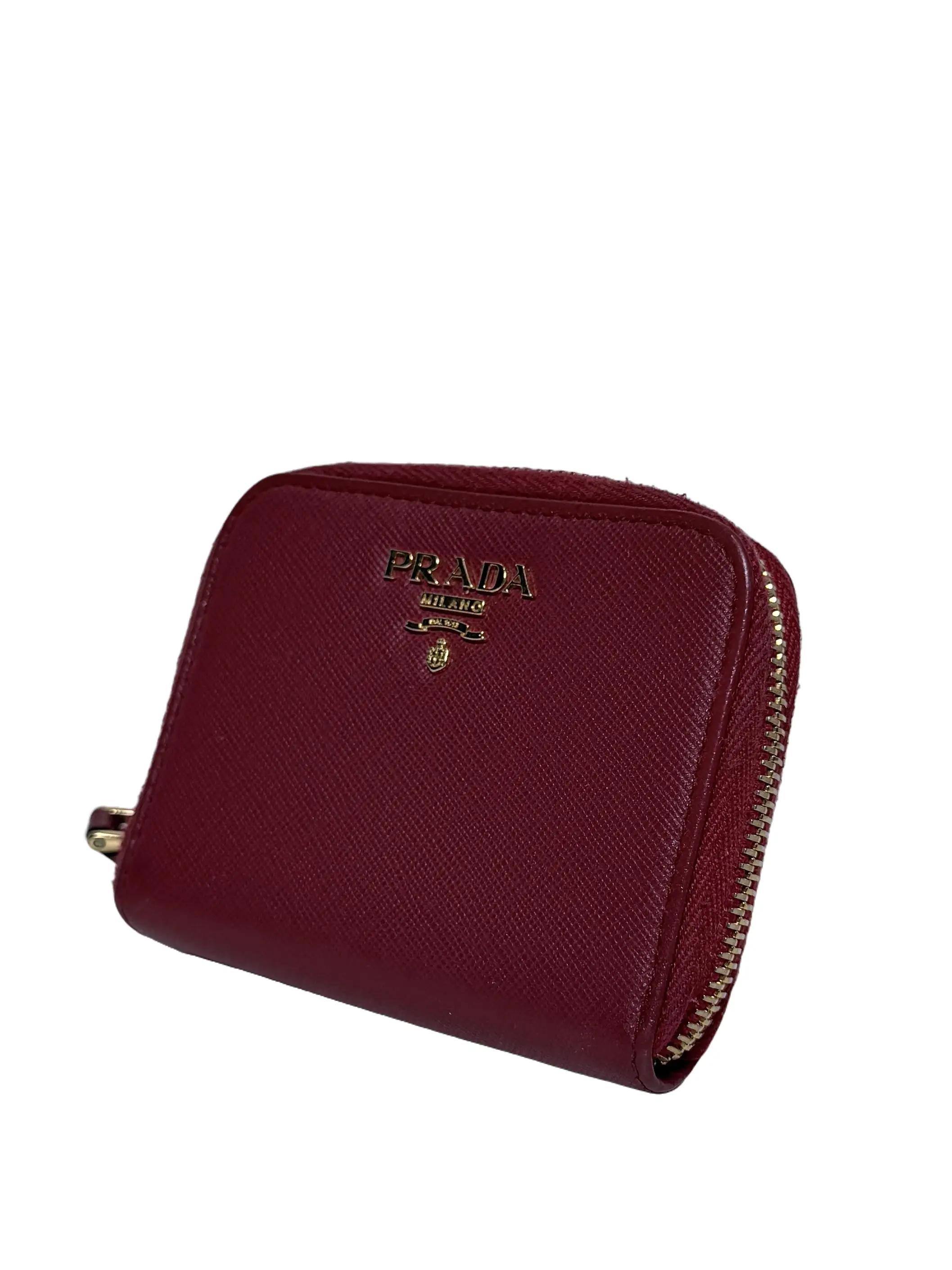 Pre-owned PRADA leather Small Leather Goods Authentic Saffiano Zippy Coin Purse Scarlet Red Mini with Moiré Lining & Gold Tone Hardware DE PR1