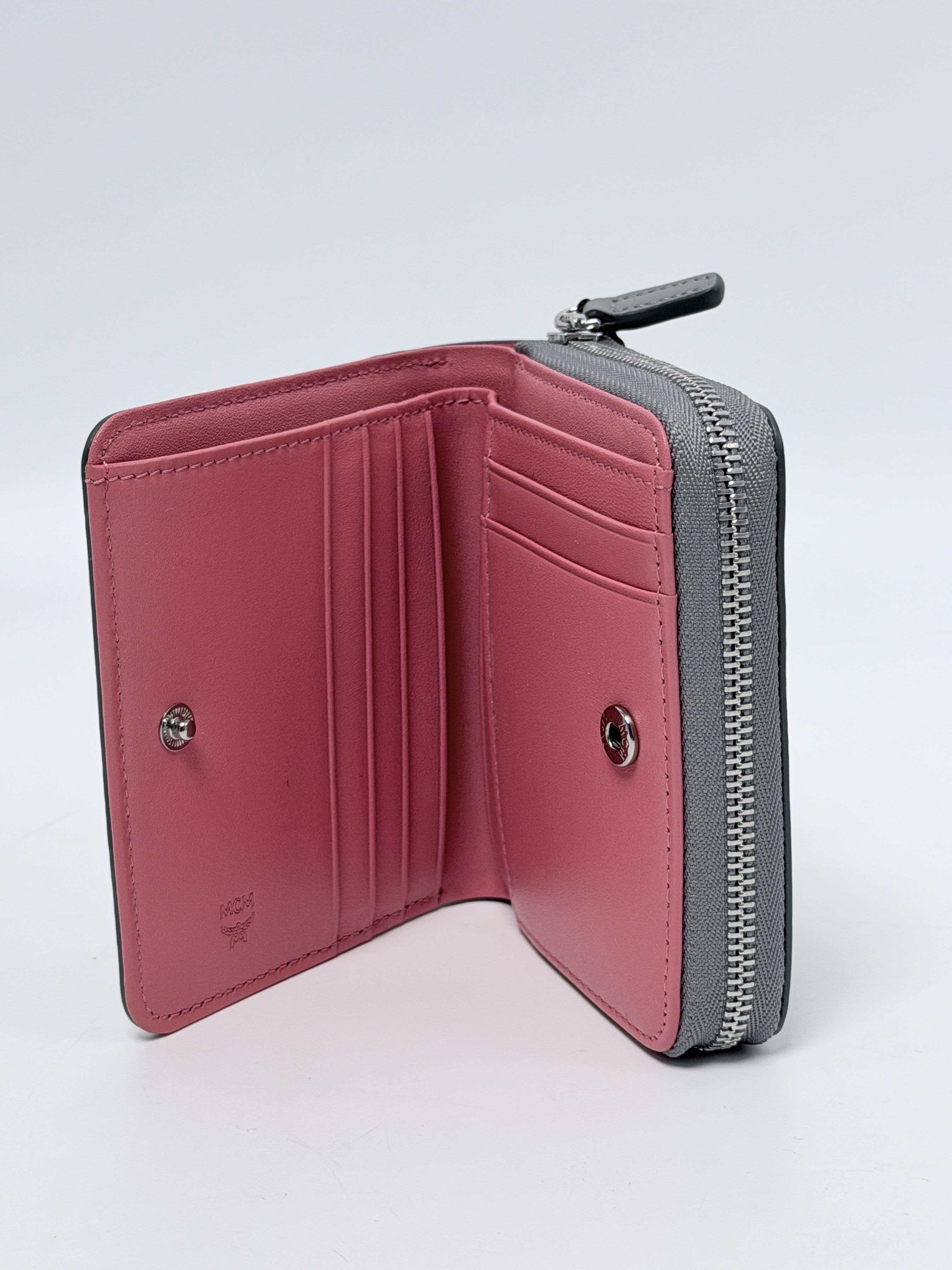 MCM Rabbit Visetos Leather Zip Around Bifold Compact Wallet Grey Pink JD1410MCM