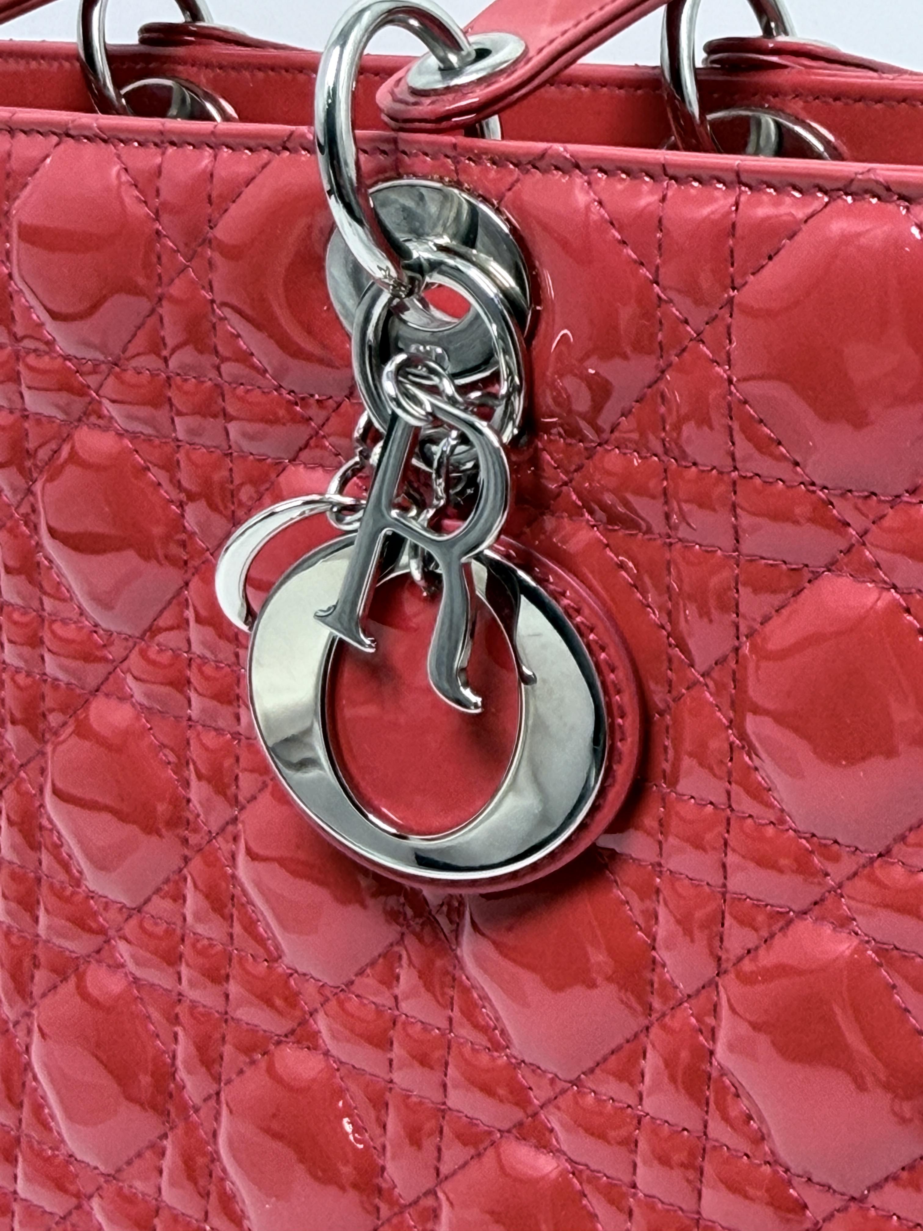 Christian Large Lady Patent Cannage Handbag Pink Cherry Silver HW BIN007CD