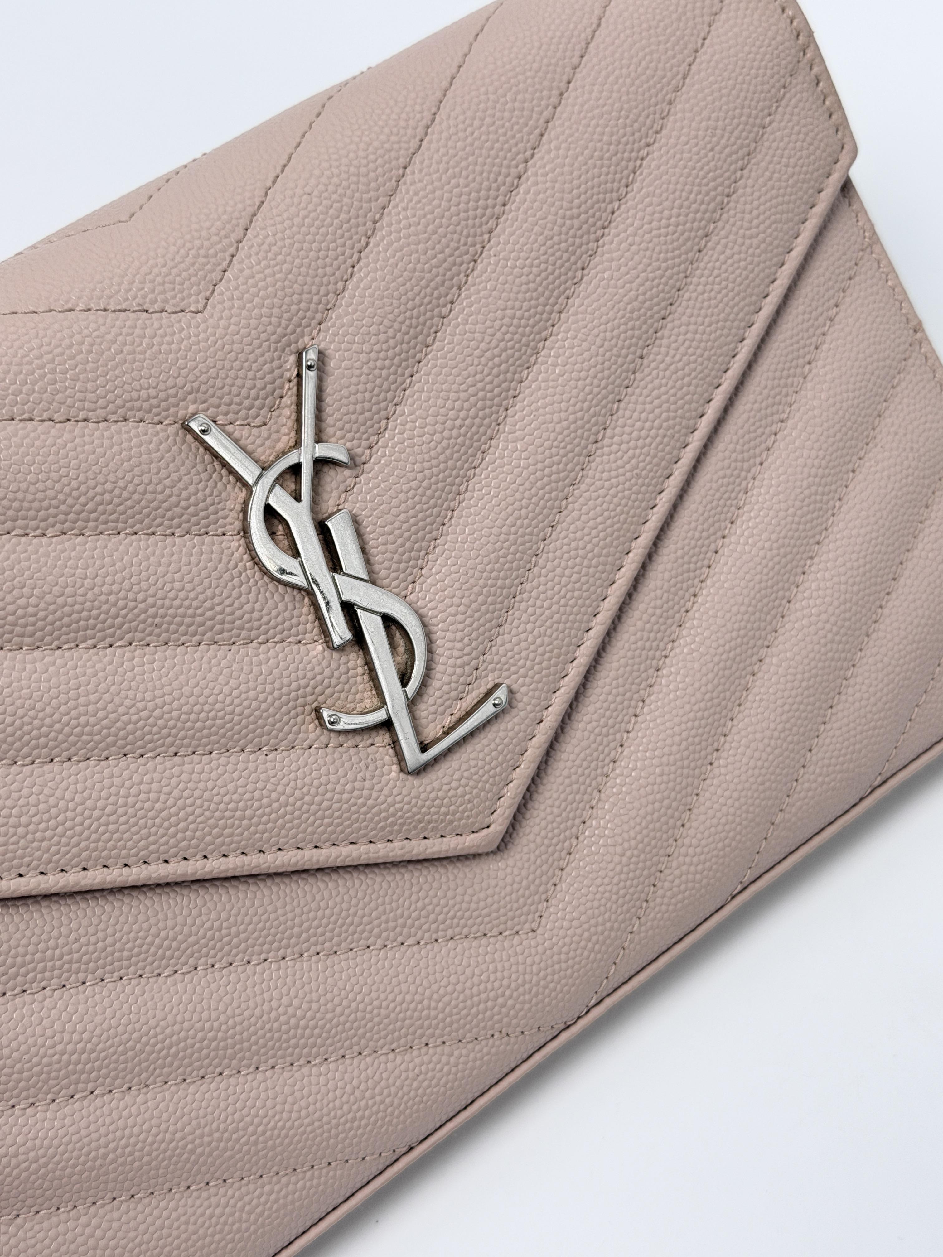 Saint Laurent Cassandre Envelope Chain Wallet Grain de Poudre Pink WOC Bag YSL P028YS