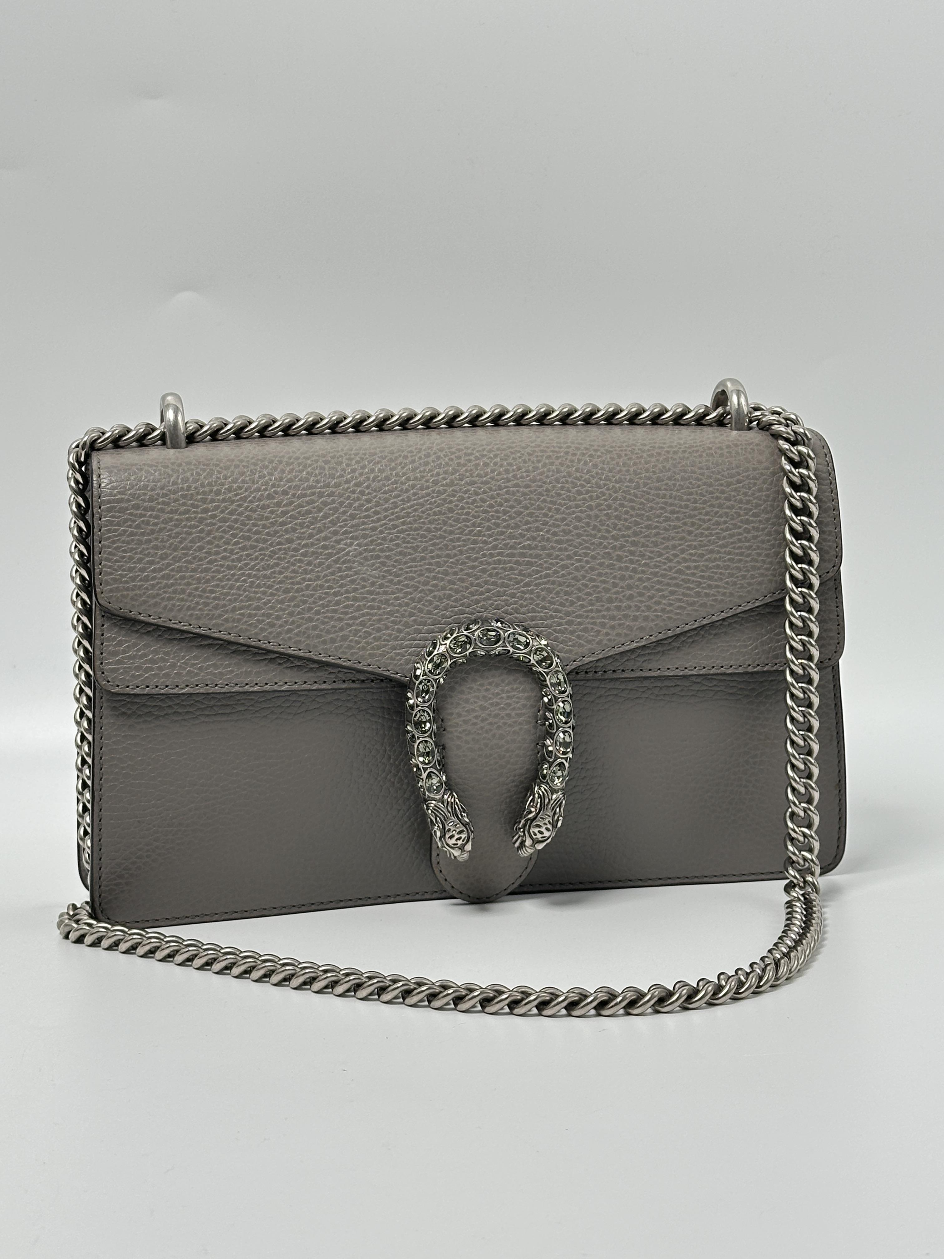 Pre-owned GUCCI LEATHER Shoulder Bags Gray Embellished Dionysus Shoulder Bag XU004GG