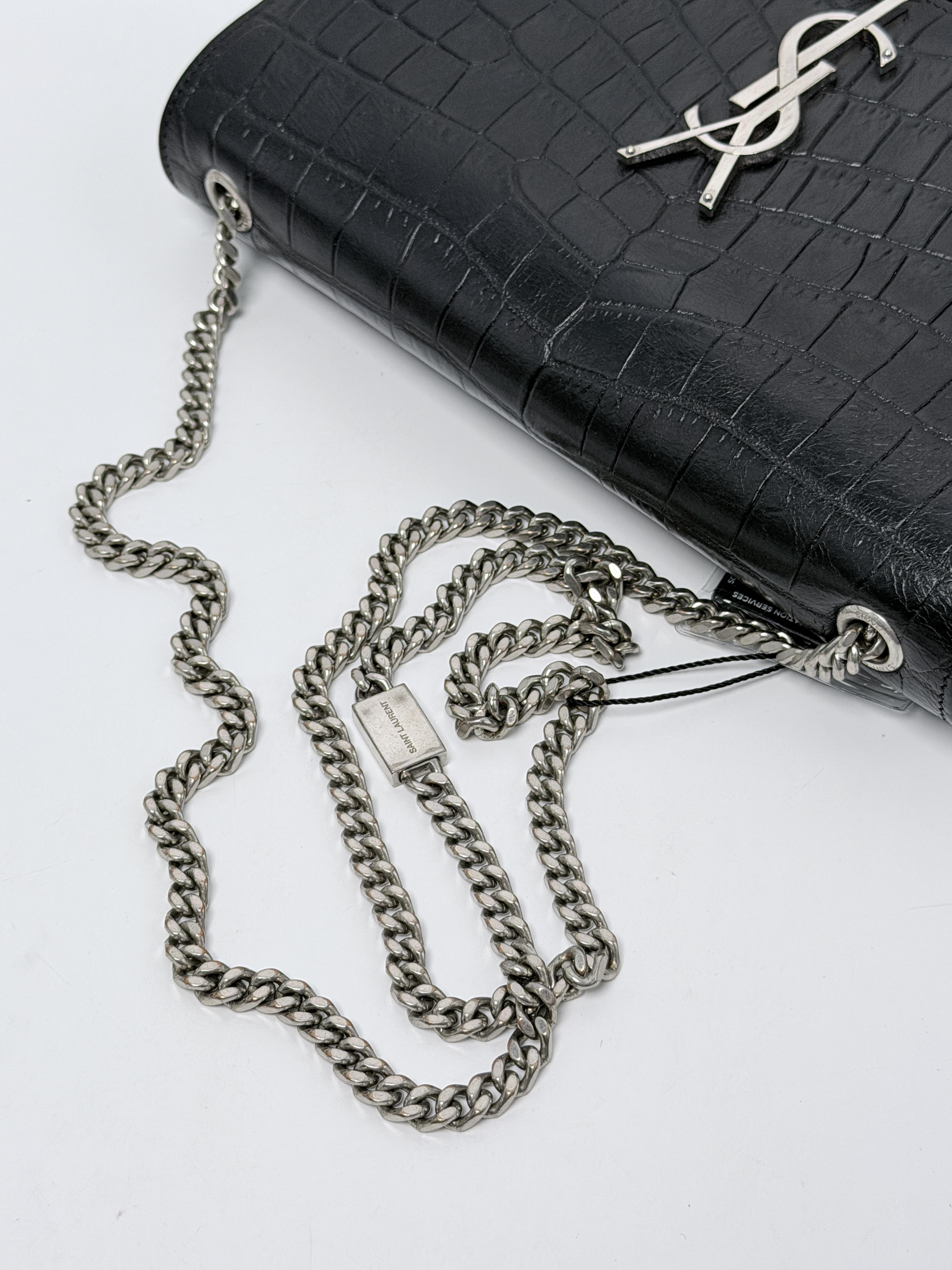 Saint Laurent Kate Tassel Bag in Deep Marine Croc Embossed Shoulder Bag JD1252Y