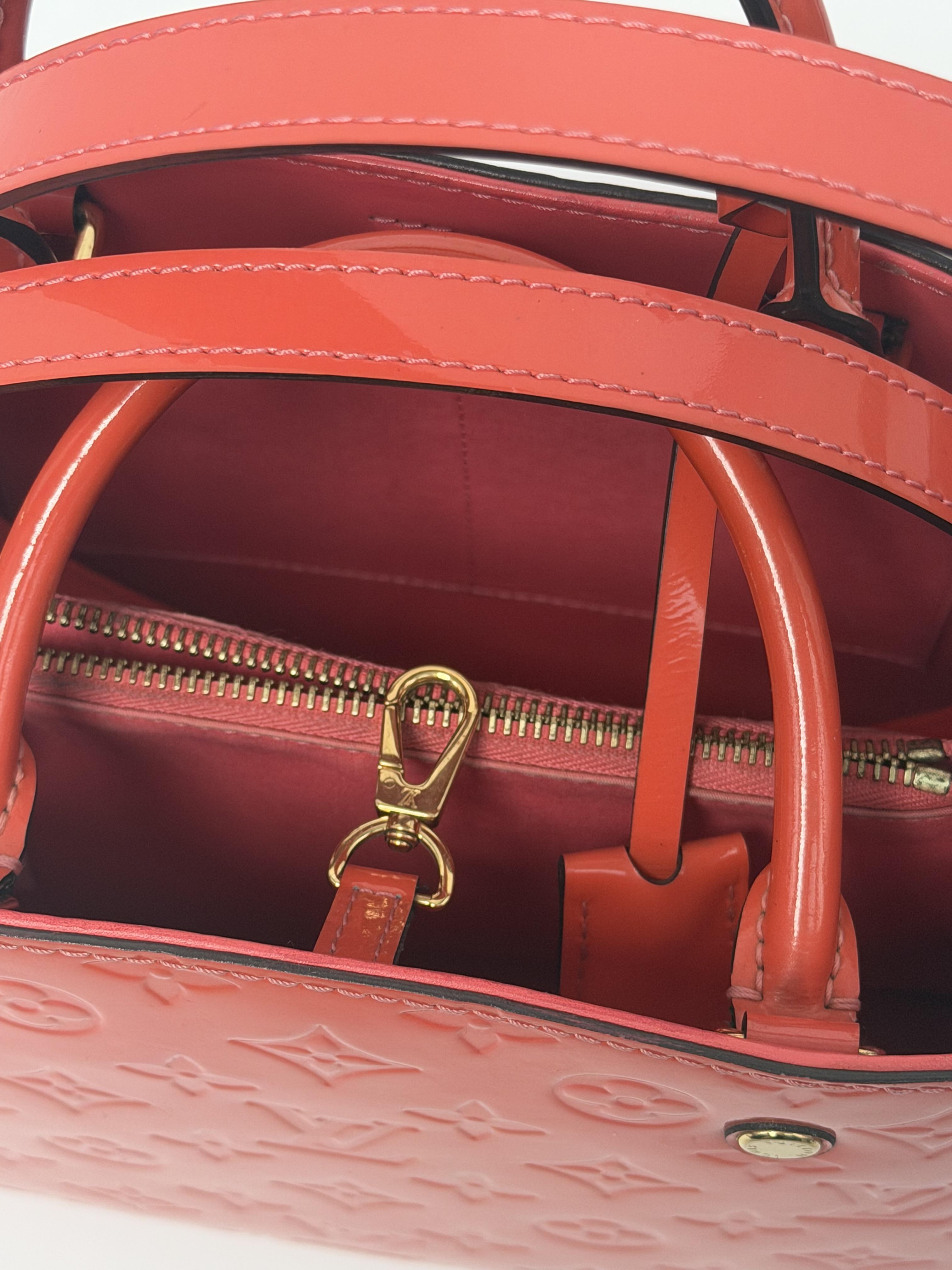 Pre-owned Louis Vuitton Leather Crossbody Bags Montaigne BB Vernis Coral Crossbody Bag LV Monogram Patent Top Handle Purse Gold Hardware LV354FEI