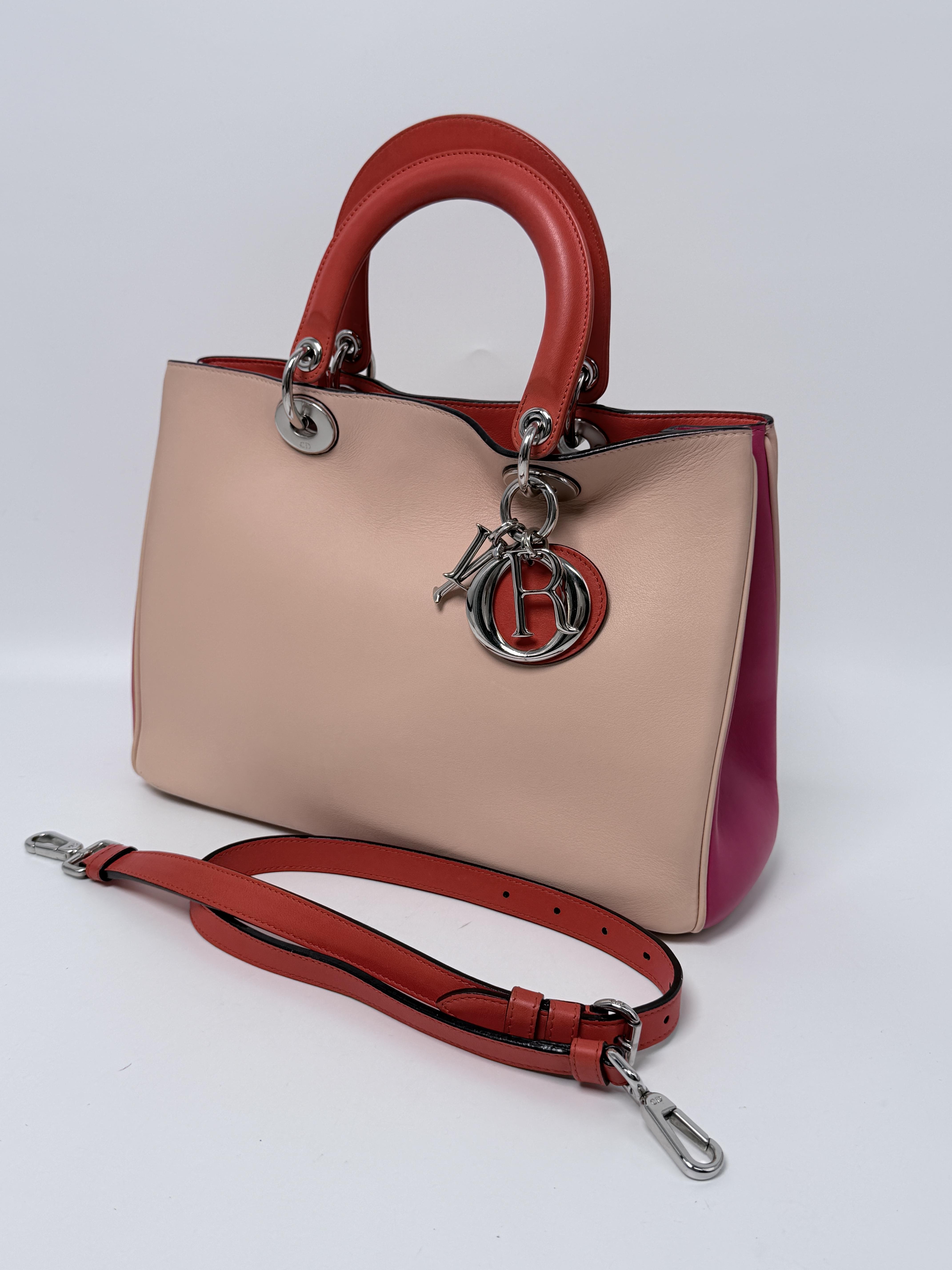 Pre-owned Dior leather Tote Bags Christian Tri Color Smooth Calfskin Medium Diorissimo Tote Bag Handle Handbag ZS003DR