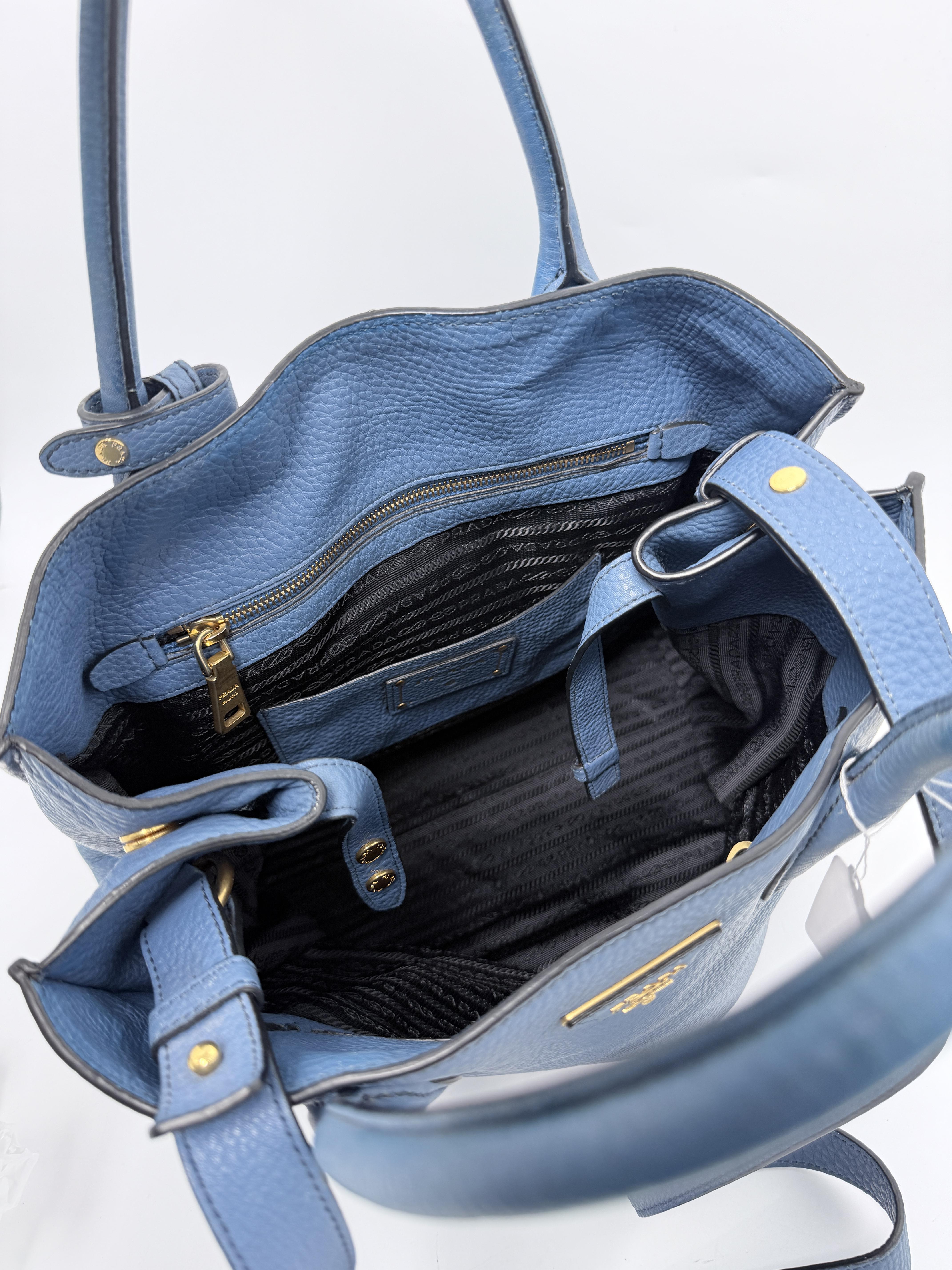 Pre-owned PRADA leather Tote Bags Blue Vitello Daino Open Convertible Tote Satchel Shoulder Bag JE539PD