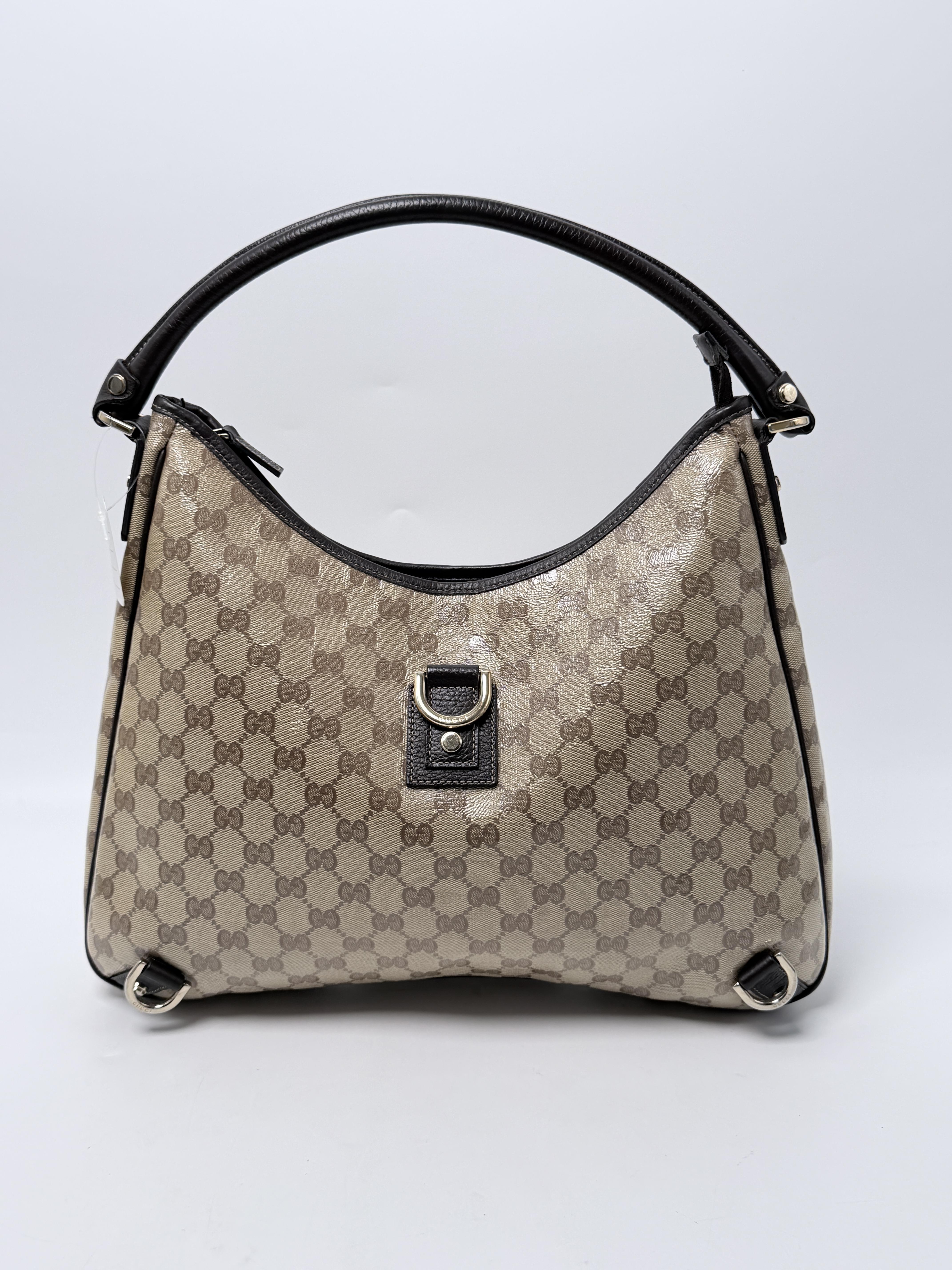 Abbey D Ring Hobo Beige GG Crystal Brown Leather Bag JP009GG