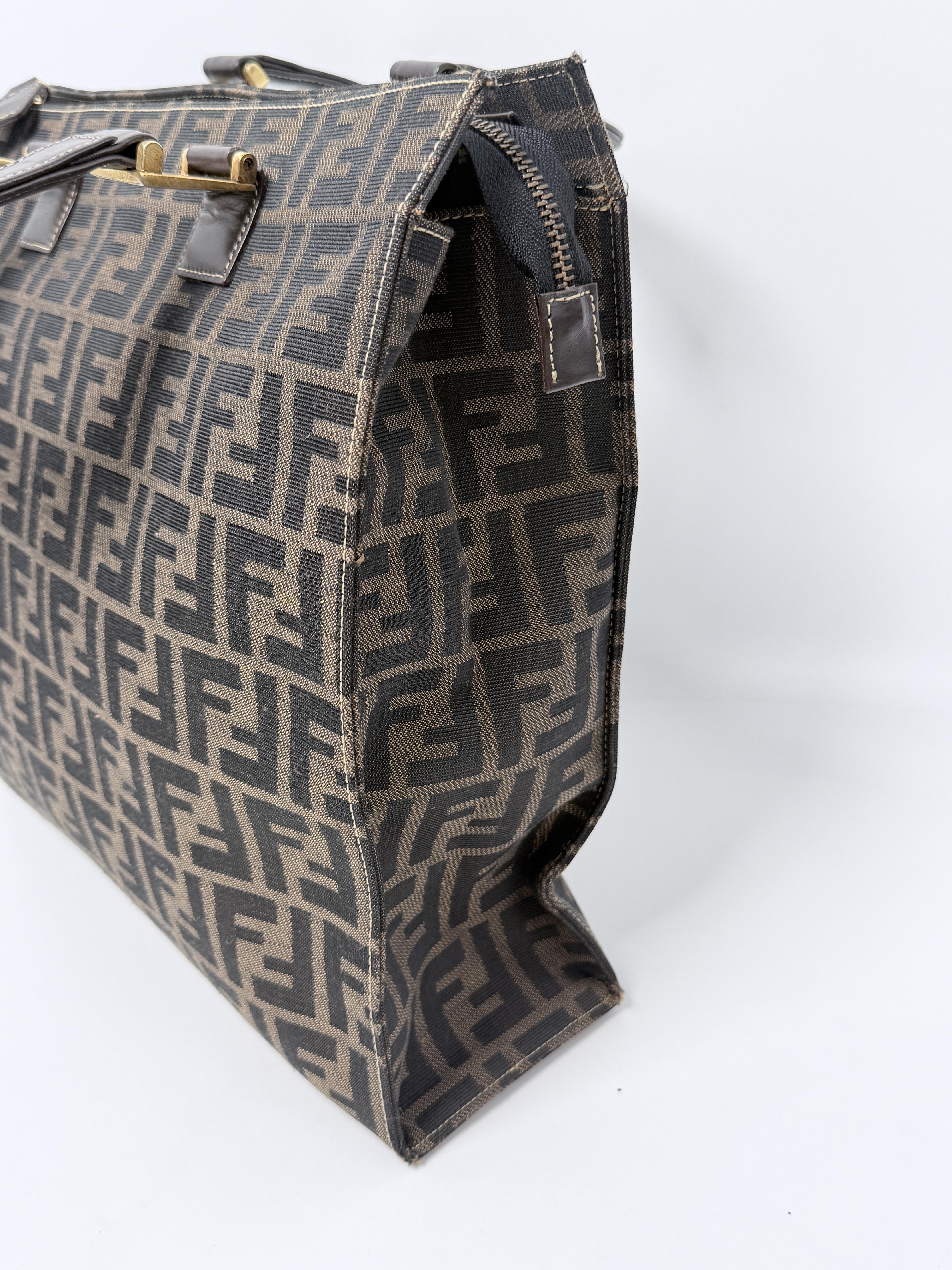 Vintage Zucca Square Tote Bag Brown Leather Top Handle Gold Hardware XU004FD