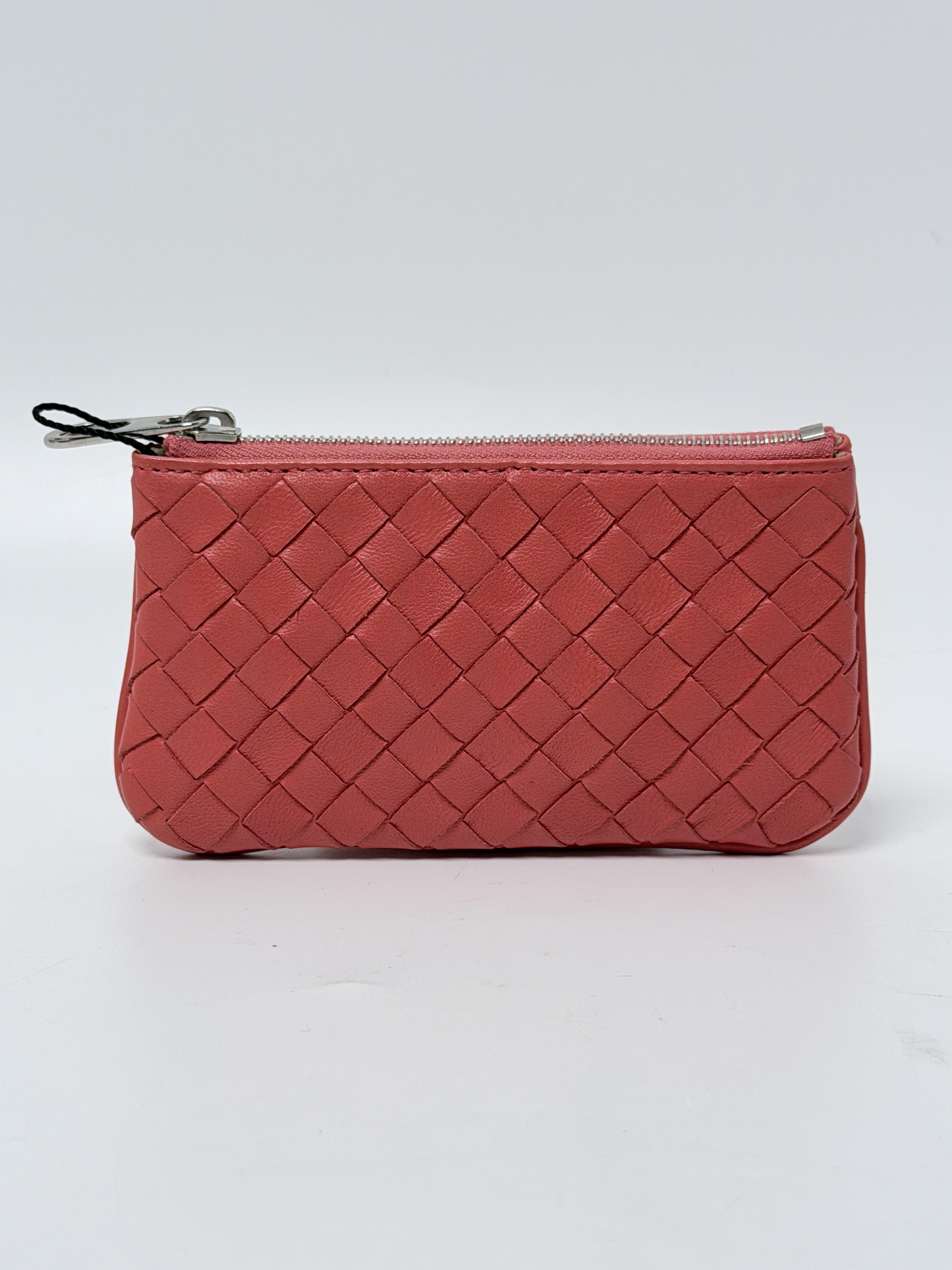 Intrecciato Nappa Card Case Coin Purse Pouch Red JD1609BV